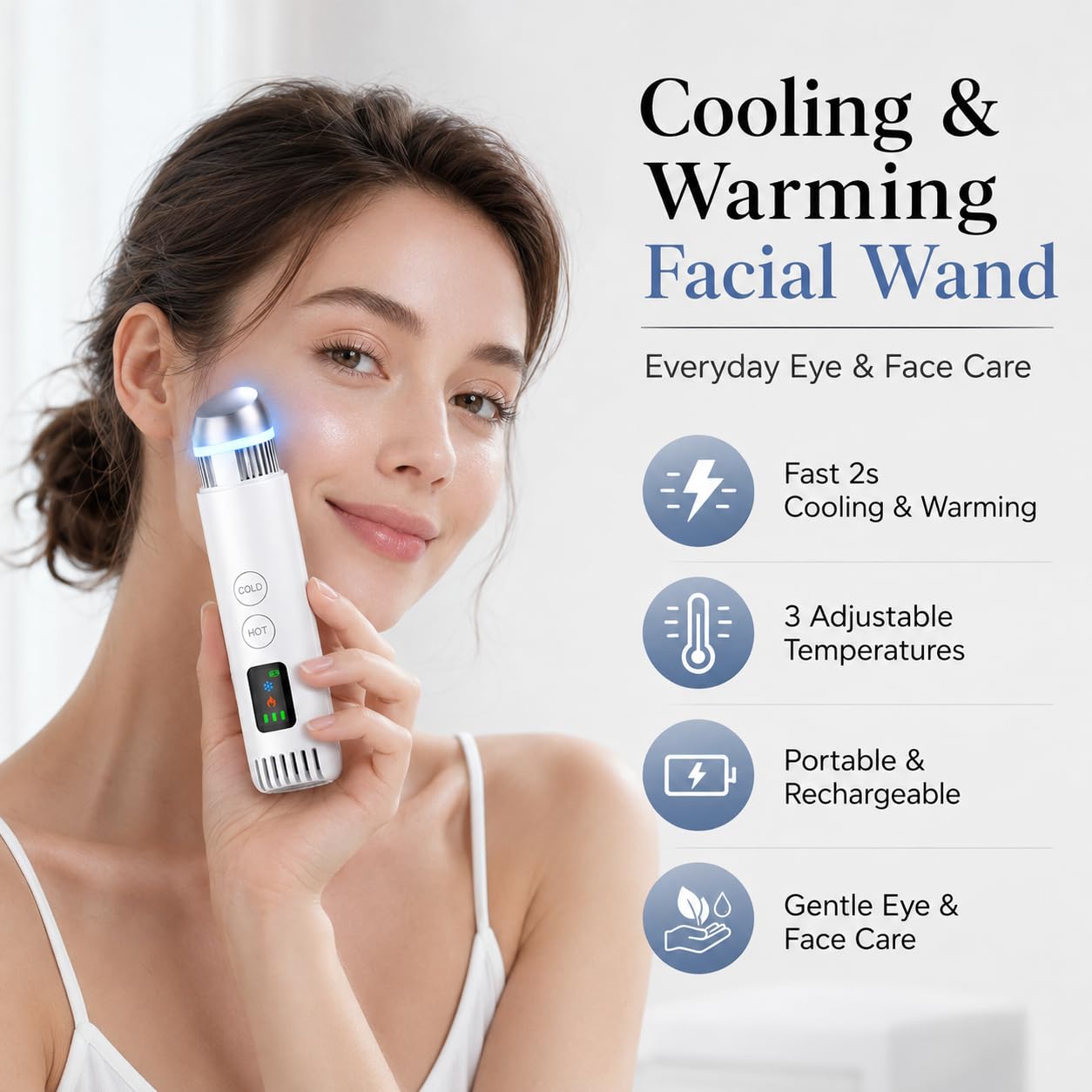 Cold & Warm Depuffing Wand for Face and Eyes, 2-in-1 Cooling Facial Wand for Puffy Eyes, Gentle Heat Skincare Tool for Serums, Portable Under Eye Massager for Daily Beauty Routine