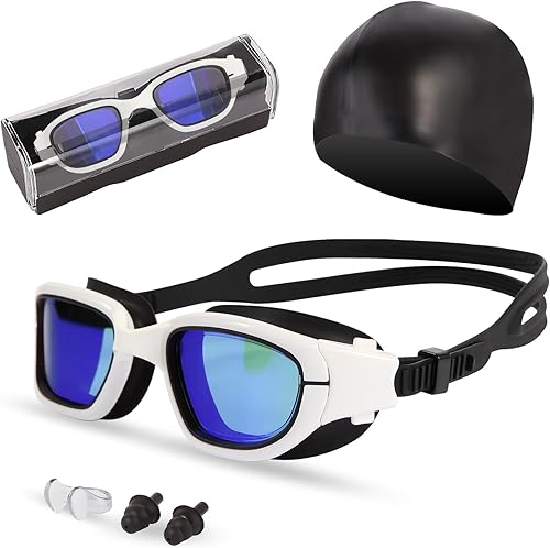 Miniatura 14 de Gafas de natación, gafas para adultos con gorro de natación, clip de nariz y tapones para los oídos, protección UV, lente antivaho y funda para
