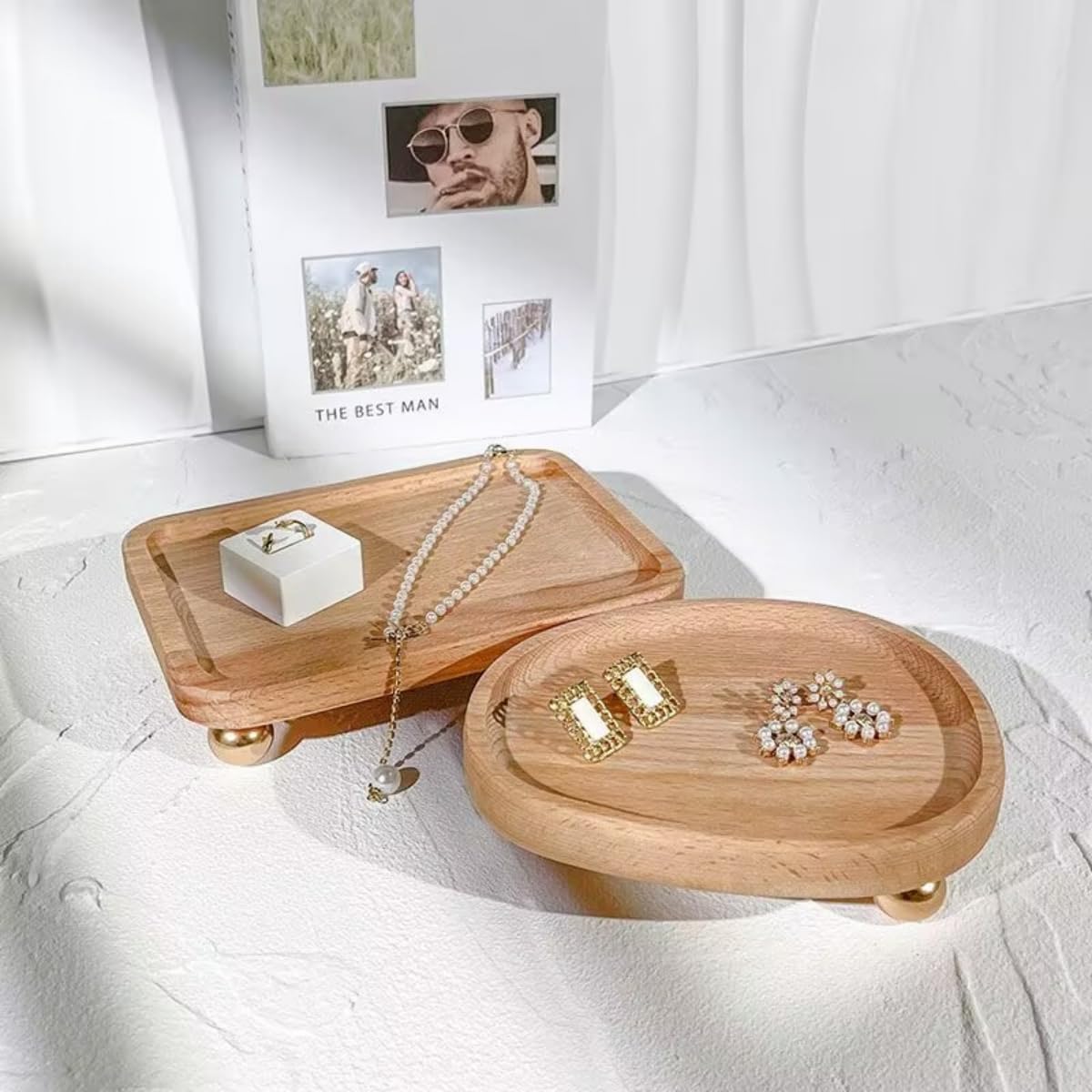 Wooden Jewelry Display Tray with Feet Ring Showcase Stackable Elegant Bracelet Watch Jewelry Organizer (Oval)