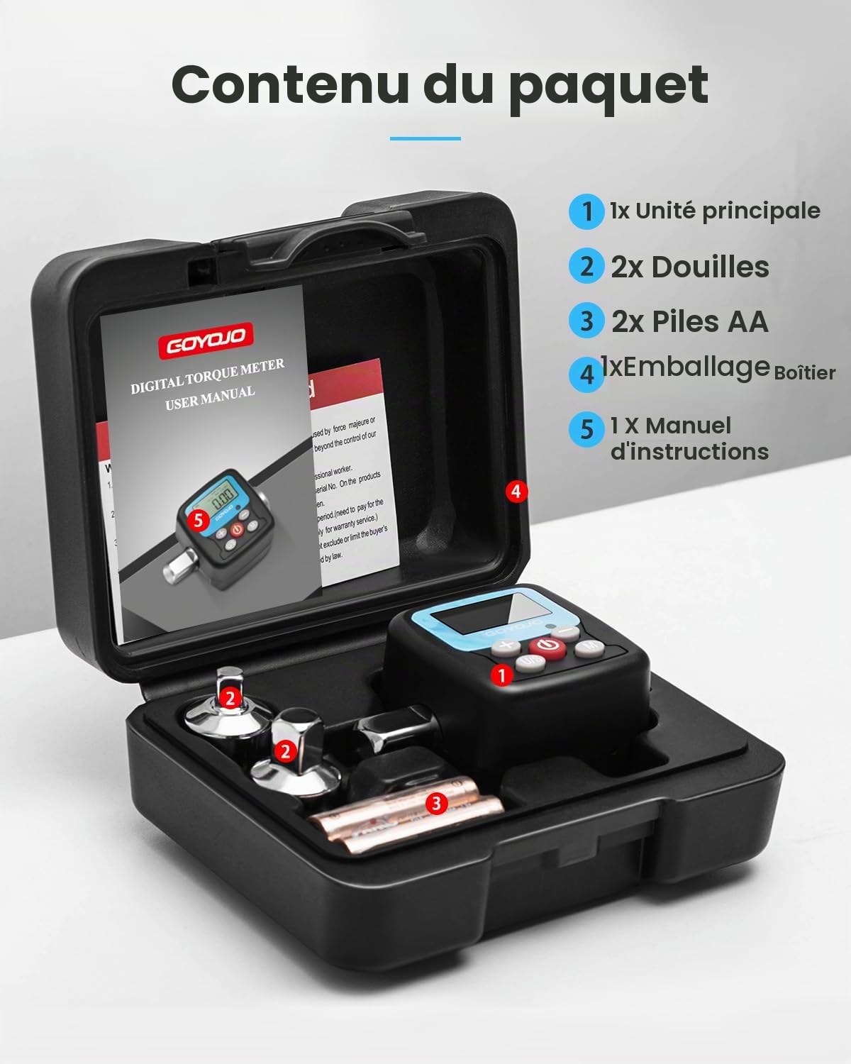 GOYOJO Clé Dynamométrique Numériques 1/2" 1/4" 3/8" Adaptateurs Haute Précision 4 Unités de Couple Écran Rétroéclairé Parfait pour Automobile Vélo Moto Bricolage et Réparation à Domicile (200 N.m)