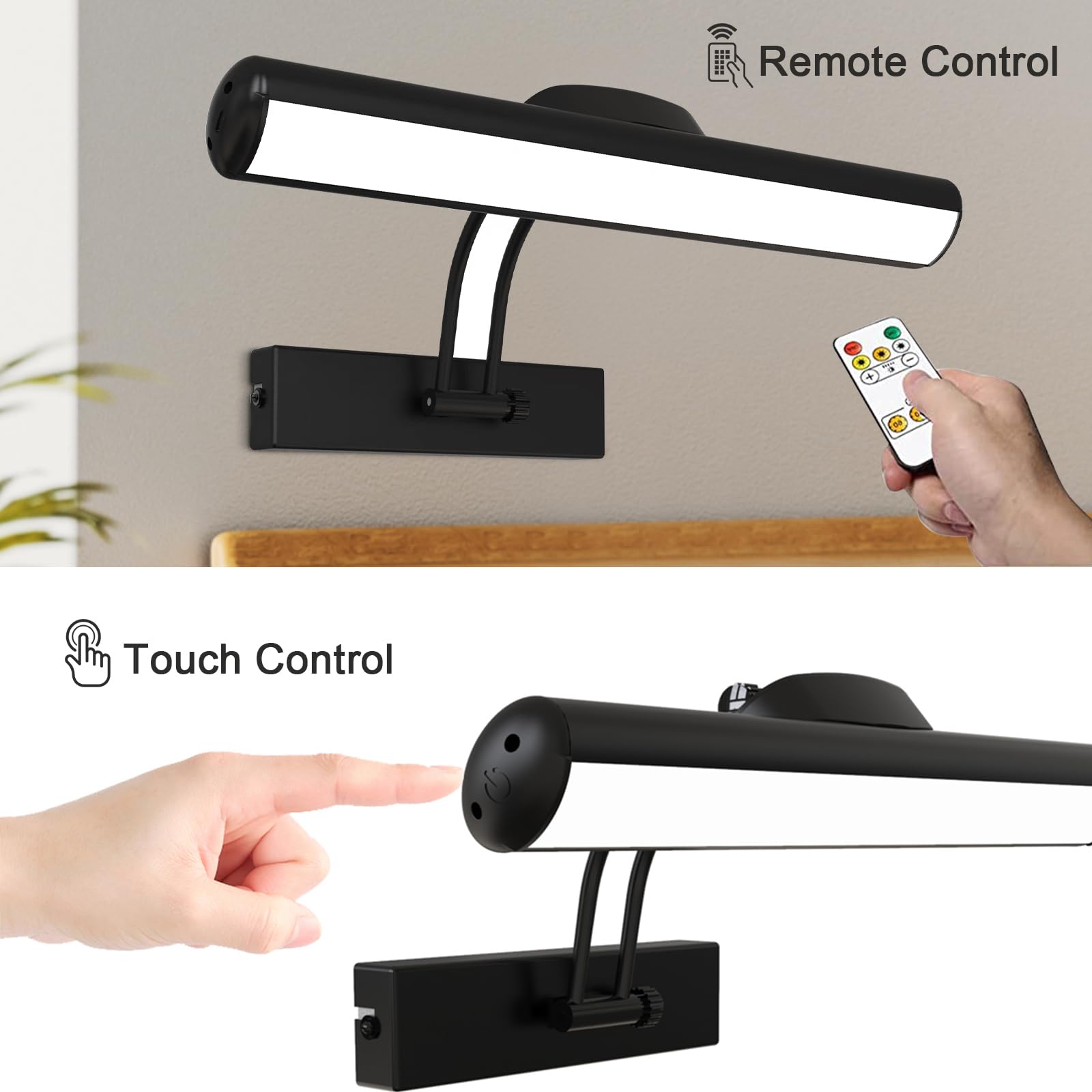 Lampe murale à Télécommande，Eclairage d'un tableau LED sans fil，tête d'éclairage LED rotative avec minuterie,Lampe d'image à bras pivotant à 180 °pour la fresque et les fléchettes.（Noir 32cm）