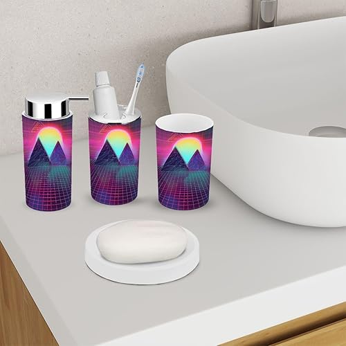 Miniatura 2 de Juego de accesorios de baño, 6 piezas estilo vintage Synthwave soporte para cepillos de dientes de bajo sol, taza para cepillos de dientes,