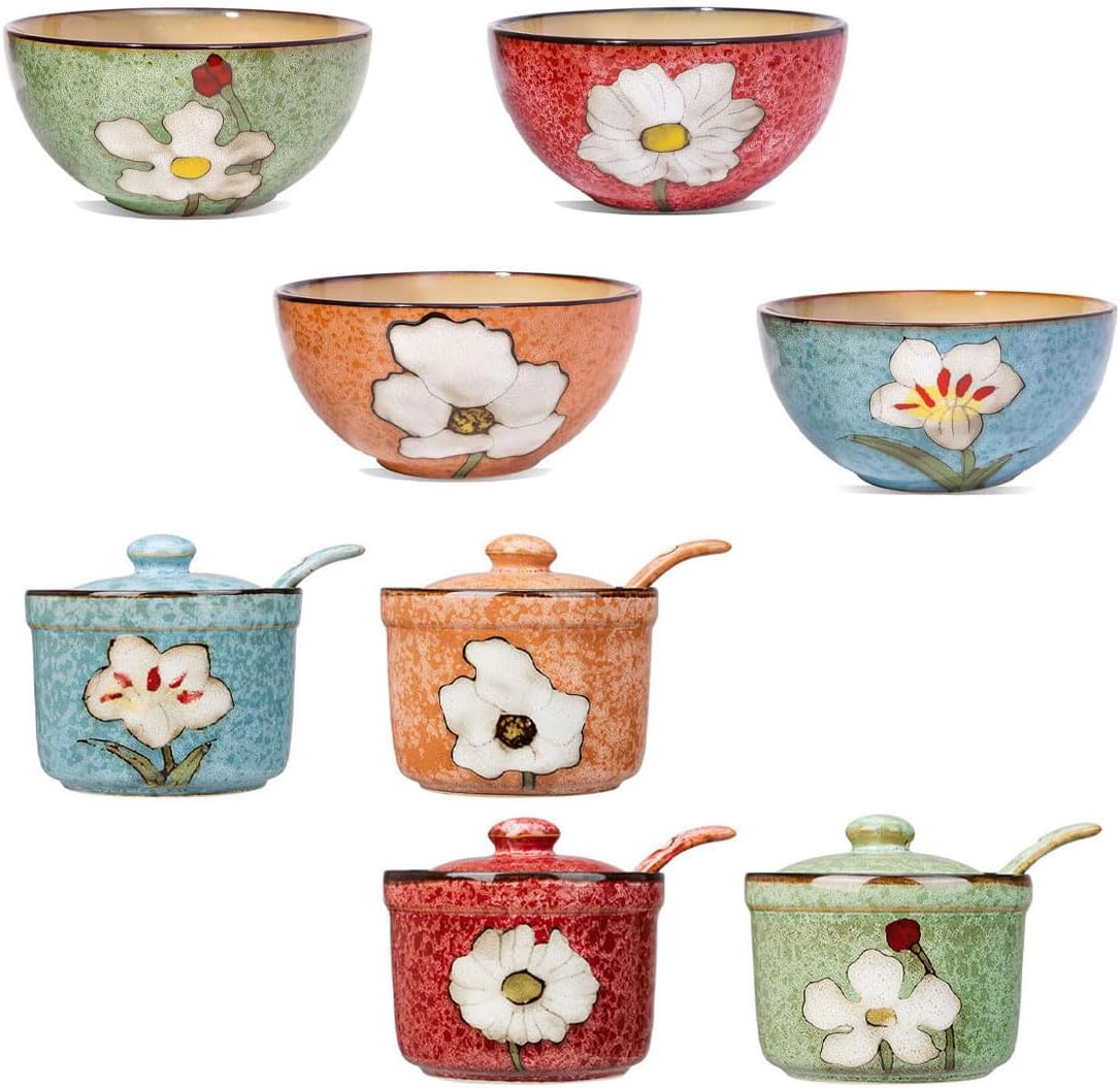 Sugar Bowl Set of 4 plus 28 oz Mixing Bowls of 4,- Dishwasher, Microwave, and Oven Safe, Scratch Resistant, Smooth Glaze