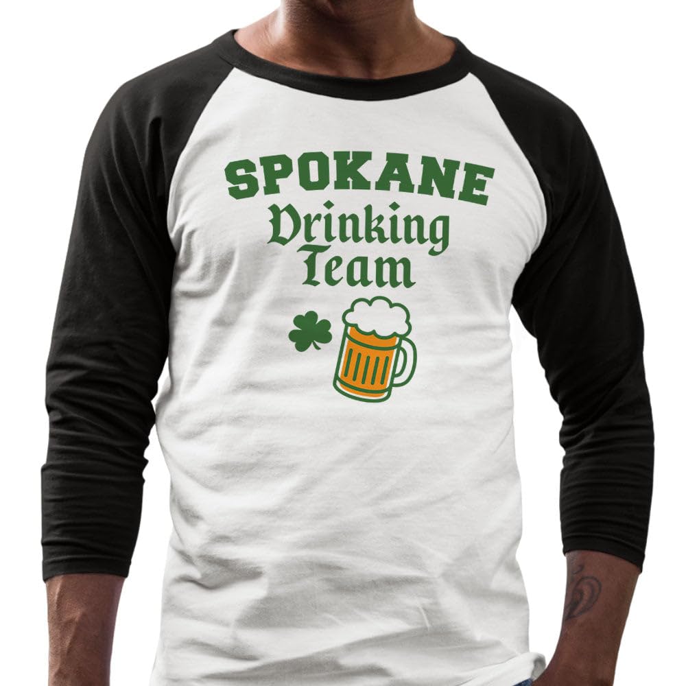 TeesAndTankYou Spokane Drinking Team St. Patrick's Day Three-Quarter Raglan Sleeve Baseball Shirt Unisex Large White/Black