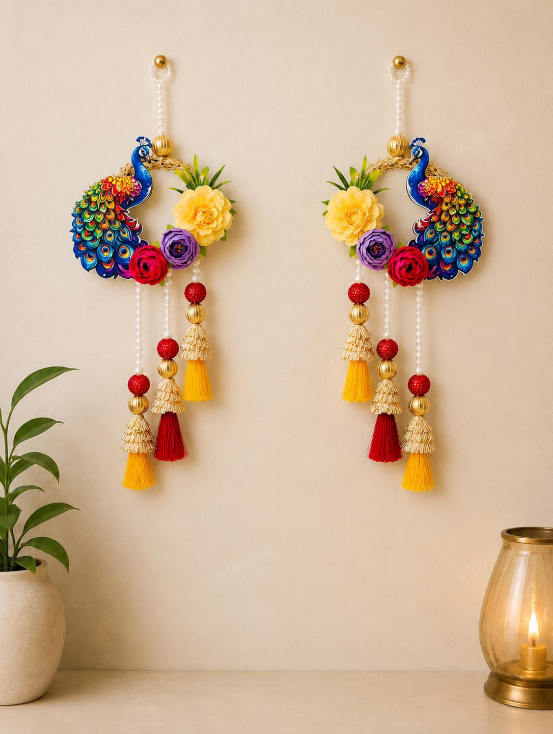 Divyakosh Peacock Side Door Hanging Set of 2 for Home Entrance Decoration, Handmade Decorative Floral Door Hanging with Artificial Flowers, Pearl Bead & Tassels, Main Door Wall Decor for Diwali, Pooja-picture-13