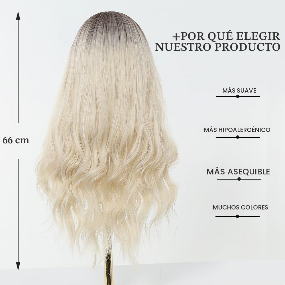 Esmee Peluca Larga Ondulada Rubia Ombré con Flequillo para Dama - 26IN