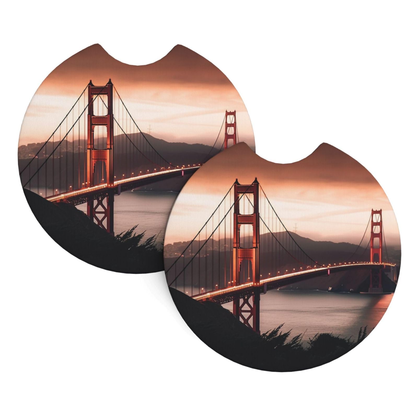 2PCS Car Coaster for Cup Holders Universal Auto Cup Mat Golden Gate Bridge Cup Coaster Pad 2.7" Waterproof Neoprene Non-Slip Cup Holder Coasters Car Interior Accessories for Women Men