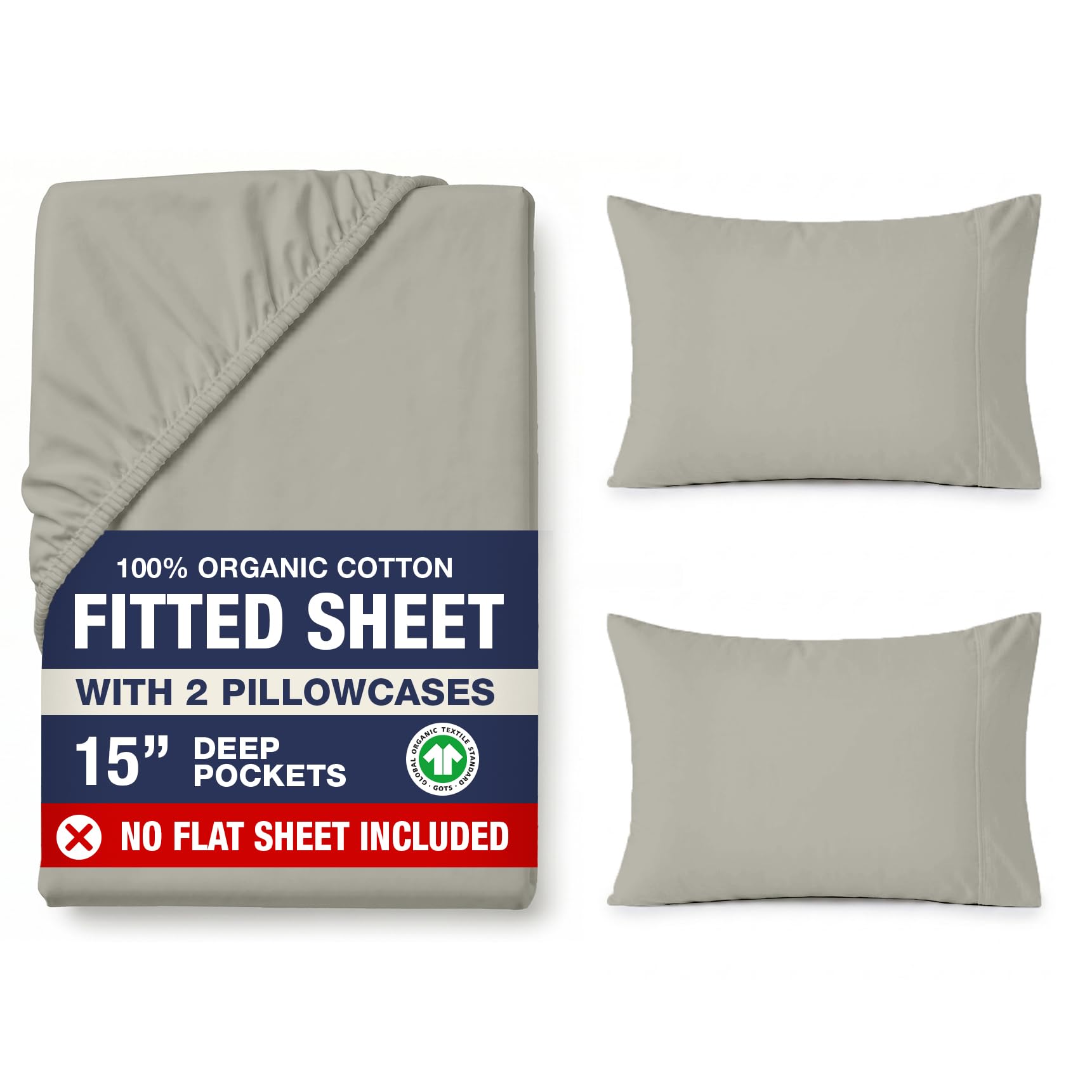 Lane Linen Lenzuolo con angoli per letto matrimoniale, 100% cotone biologico, percalle, morbido e traspirante, set di 3 pezzi con 2 federe, tasca profonda 38 cm ed elastico a tutto tondo, argento