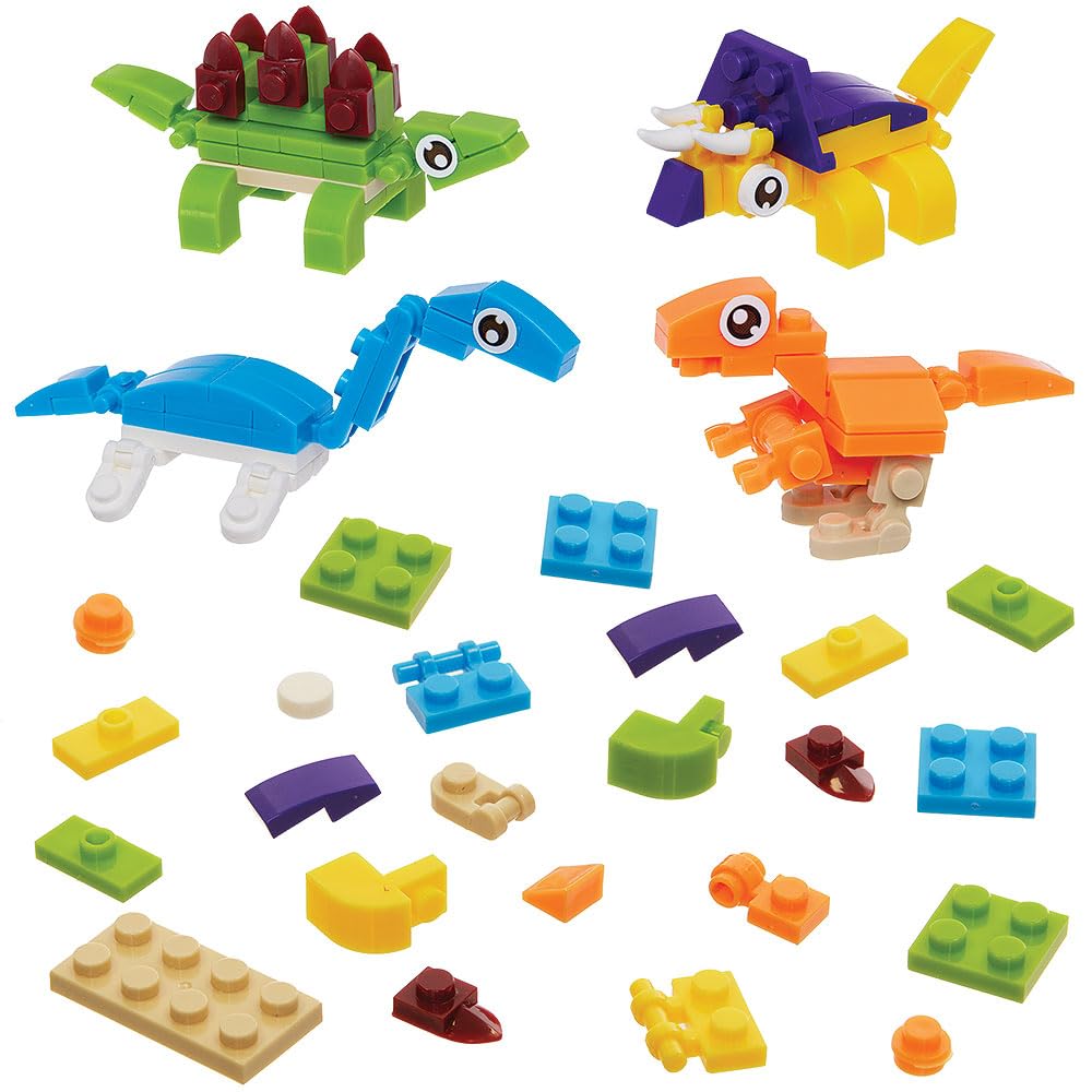 Baker Ross VC226 Dinosaur Building Brick Kits - Pack of 4, Mini Dinosaur Brick Model Sets