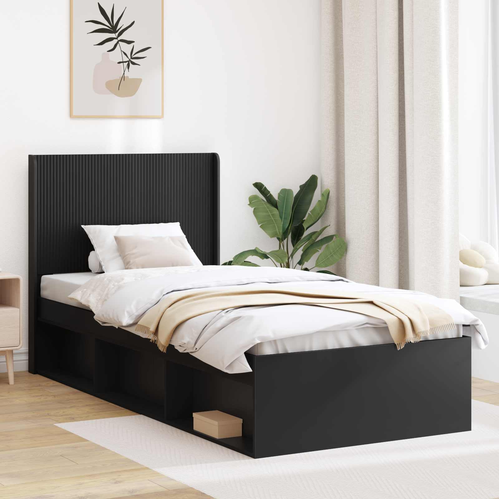 Tête de lit noire en bois 97 x 100 cm, accessoire de lit stable avec design à lattes verticales, montage facile pour lit double, autoportante et facile d'entretien