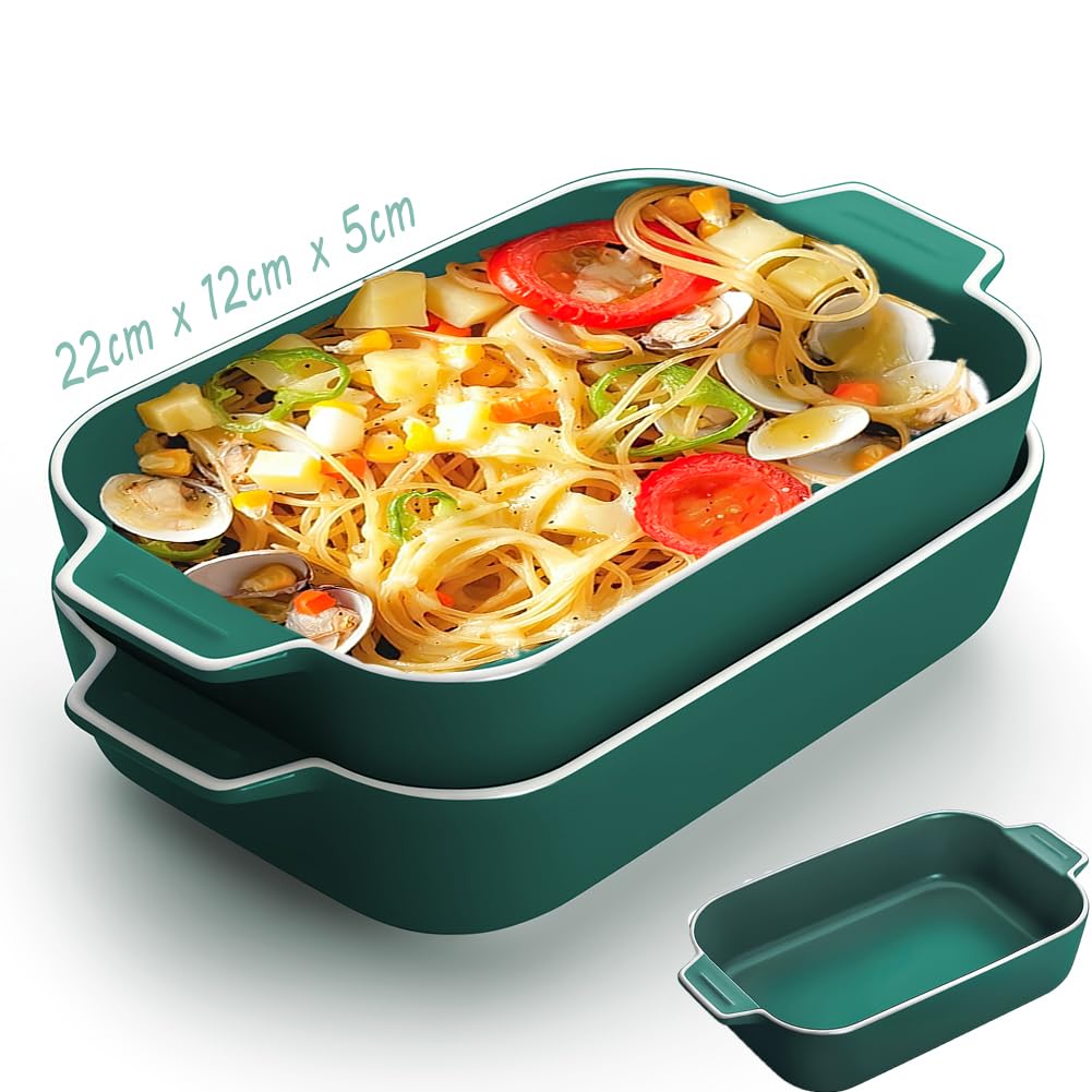 Lasagne Dish, 2PCS 9x5 inch Rectangular Ceramics Baking Dishes with Handle, Coloured Small Oven to Table Baking Dish Ideal for Oven Ceramic Baking Pan Lasagna Casserole Pan Individual Bakeware(Green)