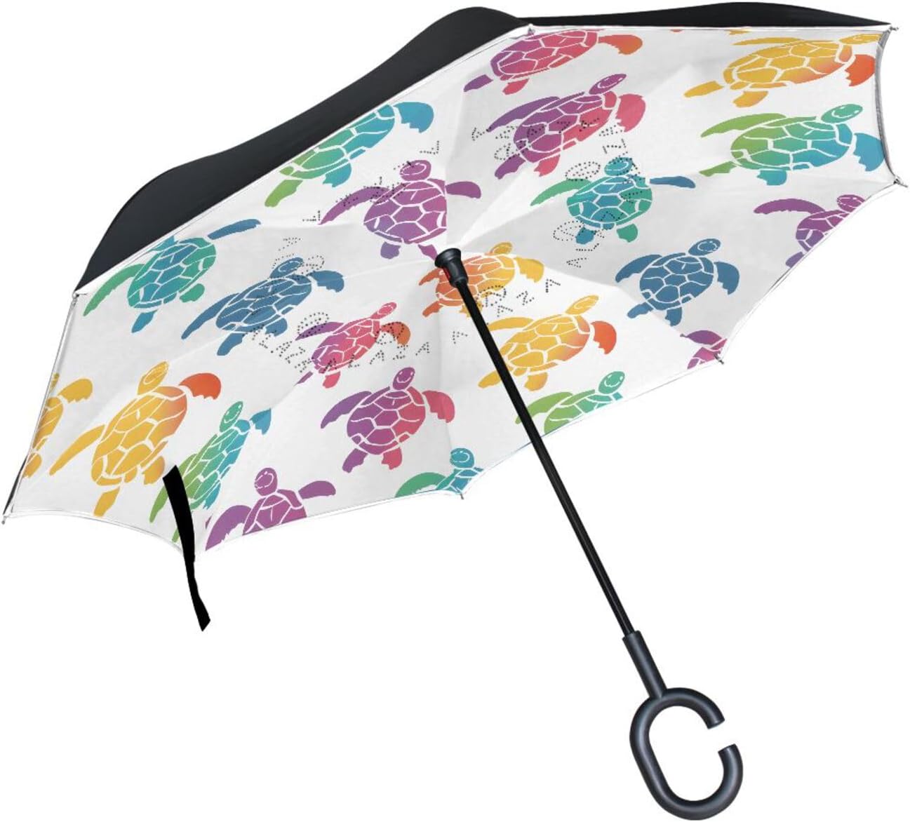 Rainbow Color Sea Turtle Inverted Umbrellas for Rain Windproof Reverse Upside Down Golf Umbrella with C-shape Handle for Men Women