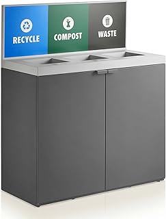86-Gallon Commercial Steel Three-Stream Trash Can Cabinet with Panel, Recycling Center, Dark Gray