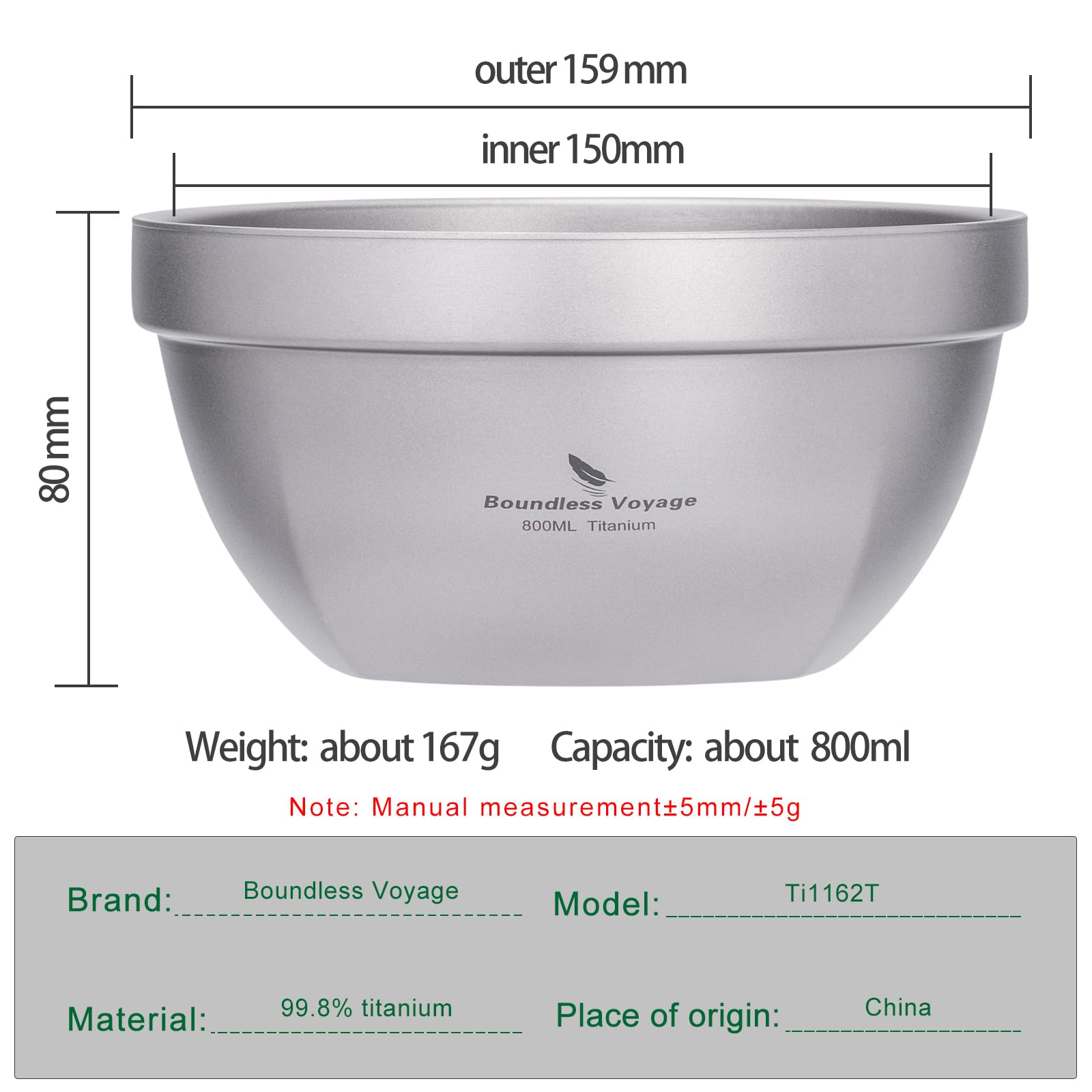 iBasingo 800 ml tytanowe miski na płatki owsiane żywność ryż zupa misa ultralekka przenośna zastawa outdoorowa kemping metalowa miska Ti1162T