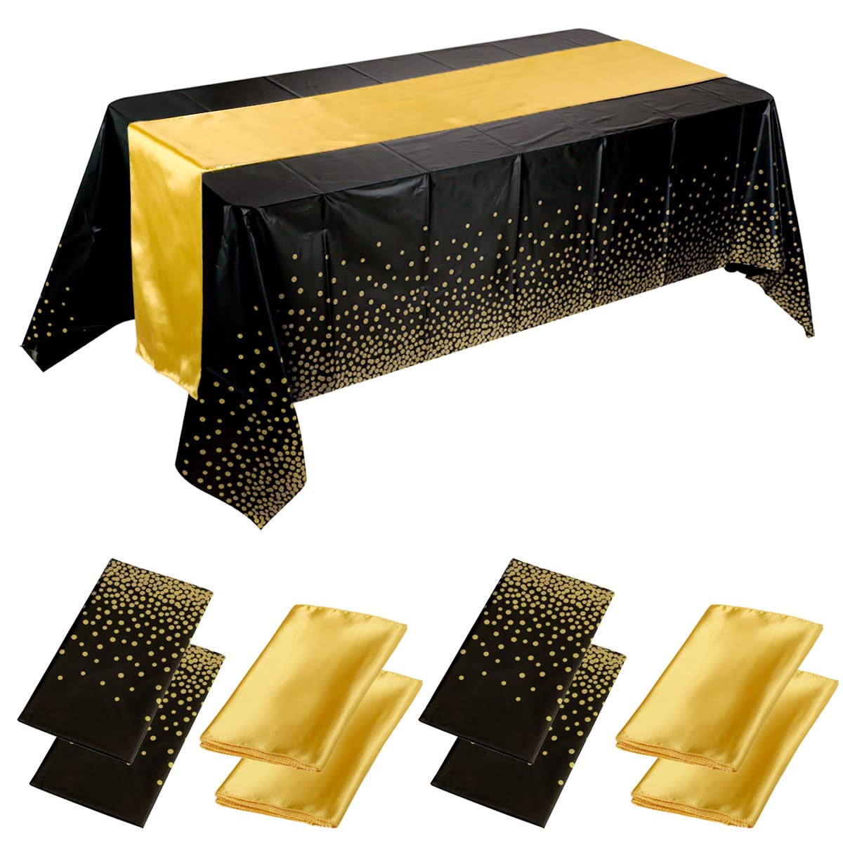 4 Pack Black Rectangle Tablecloth and 4 Pack Gold Satin Table Runner Set, Black and Gold Table Cloths Disposable Plastic Table Covers for Party Birthday Graduation Anniversary Baby Shower Wedding