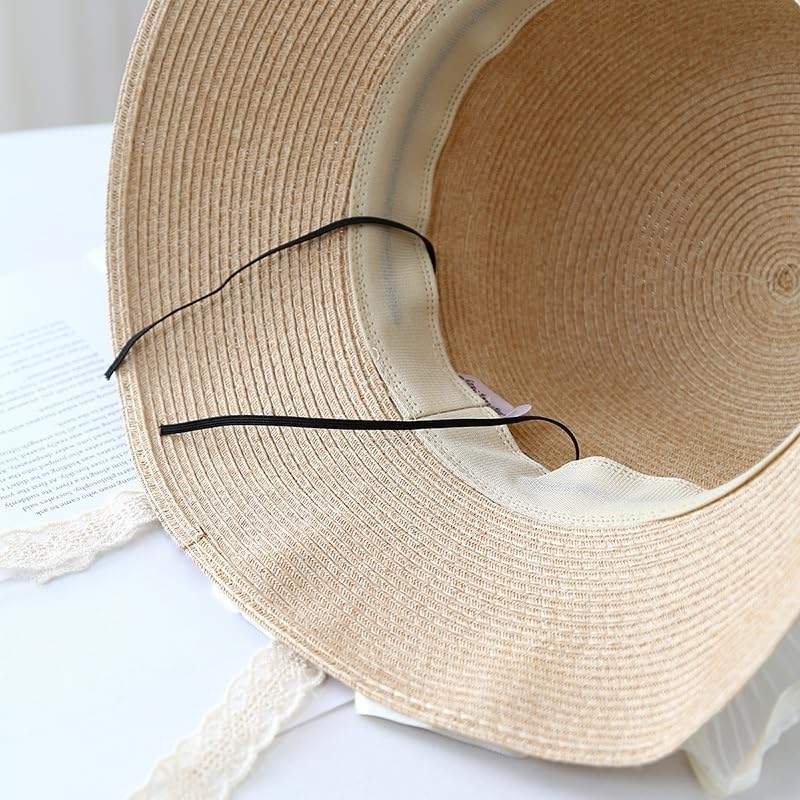 Sombrero de Paja de ala Ancha para Mujer,Plegable y Flexible,con Lazo de Tul Perlado,Transpirable,Resistente A Los Rayos UV,para Playa,para Caminar y Viajar