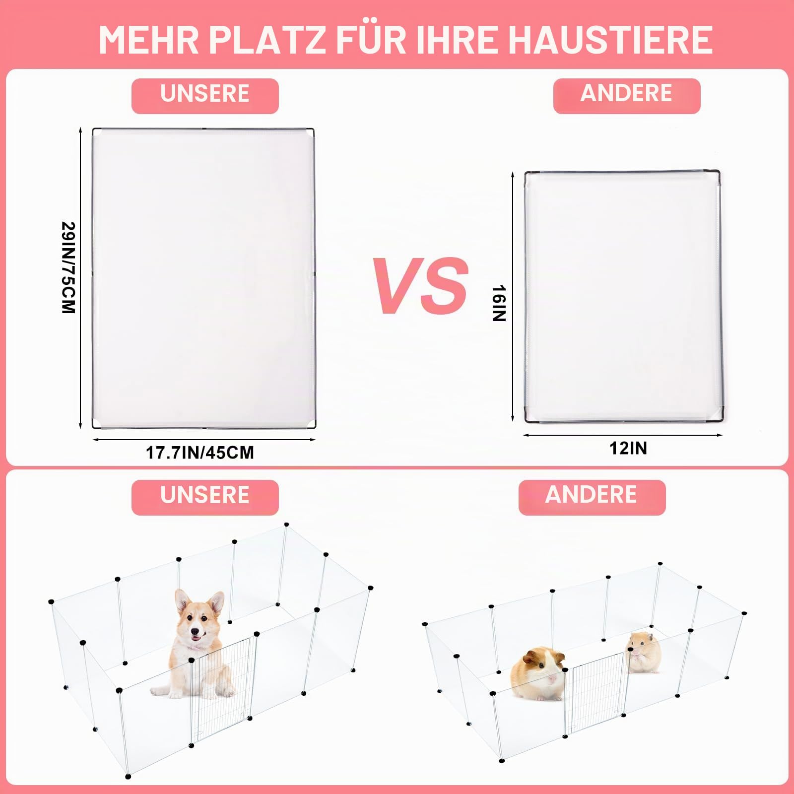 BRIAN & DANY Kleintiergehege, Laufstall Kleintiere Gehege für Kleintiere, Freigehege für Kaninchen, Welpe, Meerschweinchen - 12 Platten 180 x 90 x 75 cm