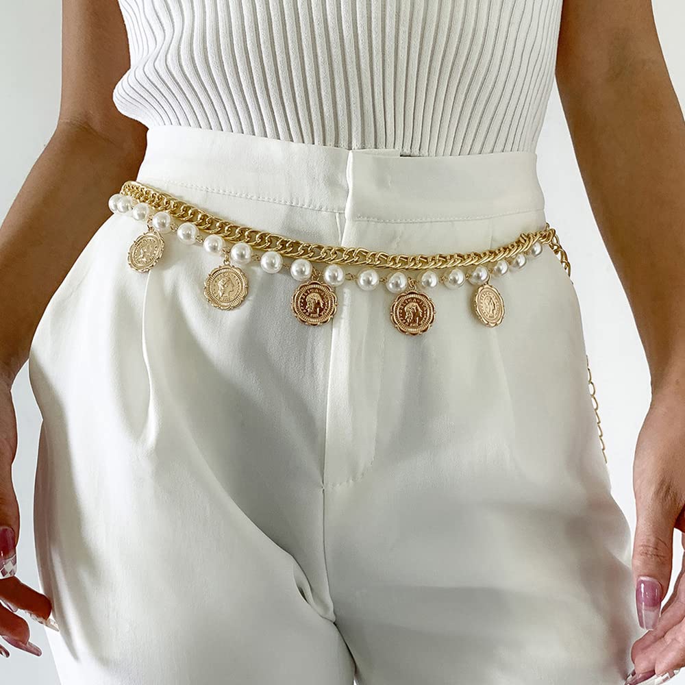 Amazon.com: Wiwpar Pearl Waist Chain Belt Coin Pendant Beach  display picture 2