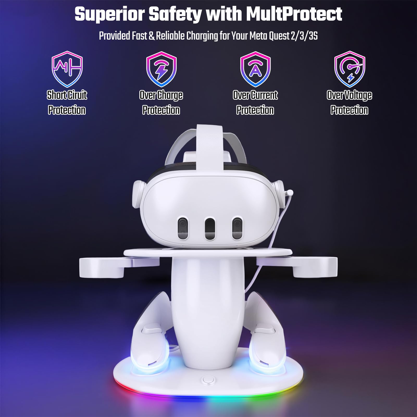Base de carga para Meta Quest 2 3 3S estación de carga magnética para auriculares y controladores de realidad virtual Oculus Quest 2/3/3S, soporte de accesorios con RGB y 2 baterías recargables de