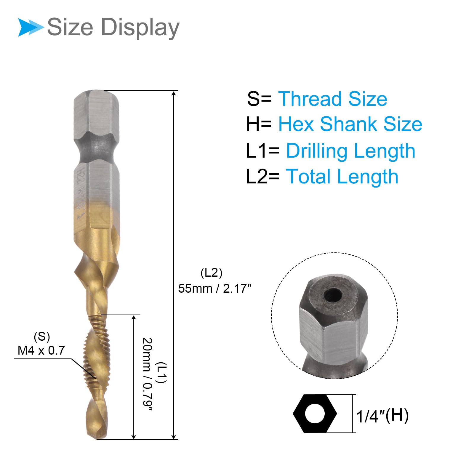CoCud Combination Drill Tap Bit, M4 x 0.7 Thread Size 1/4" Hex Shank, 4341 Titanium Coated High Speed Steel Tools - Image 2