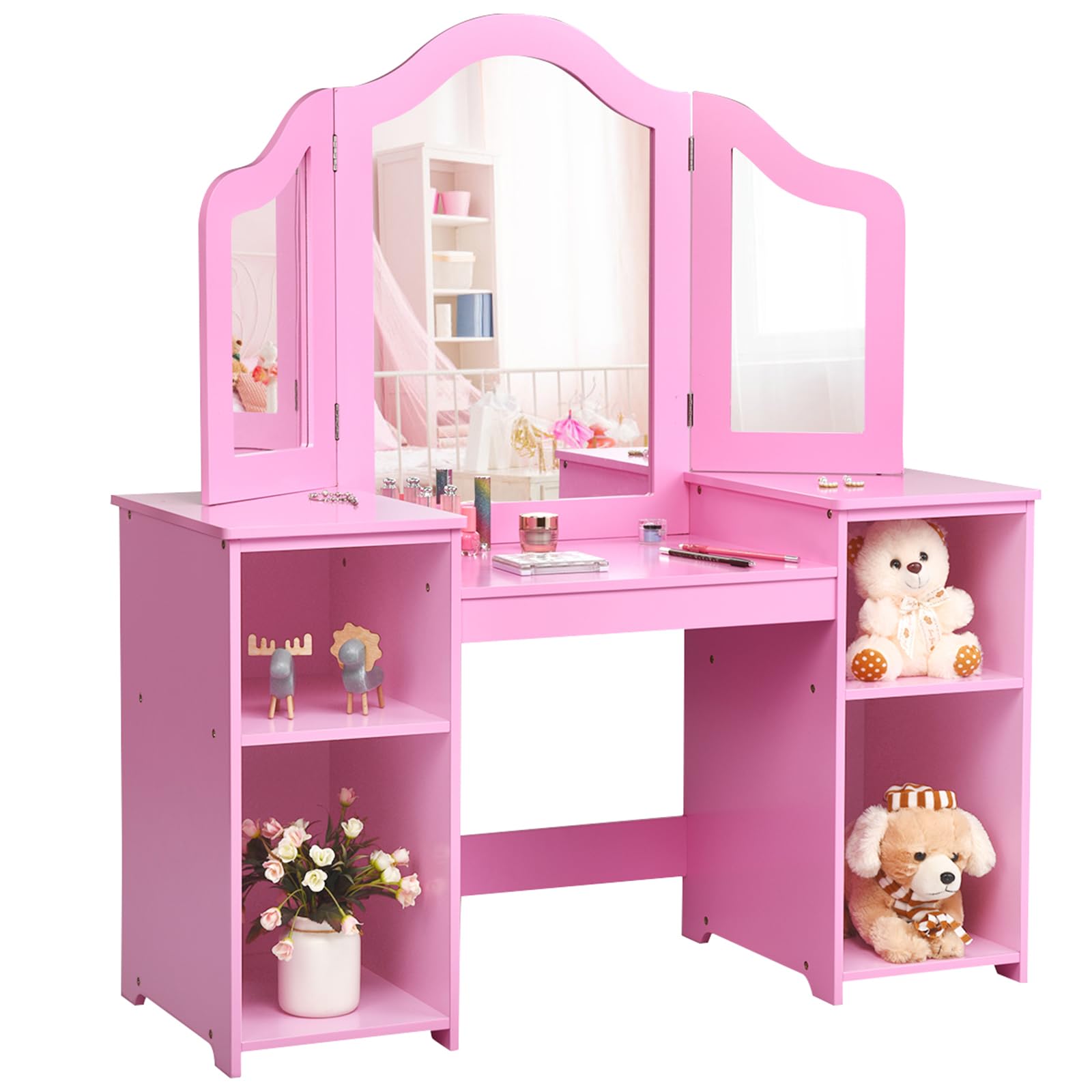 COSTWAY Toeletta Trucco per Bambina, Specchiera per Ragazzi in Legno Robusto, Postazione Trucco 2 in 1 con 4 Mensole e Specchio (Rosa)