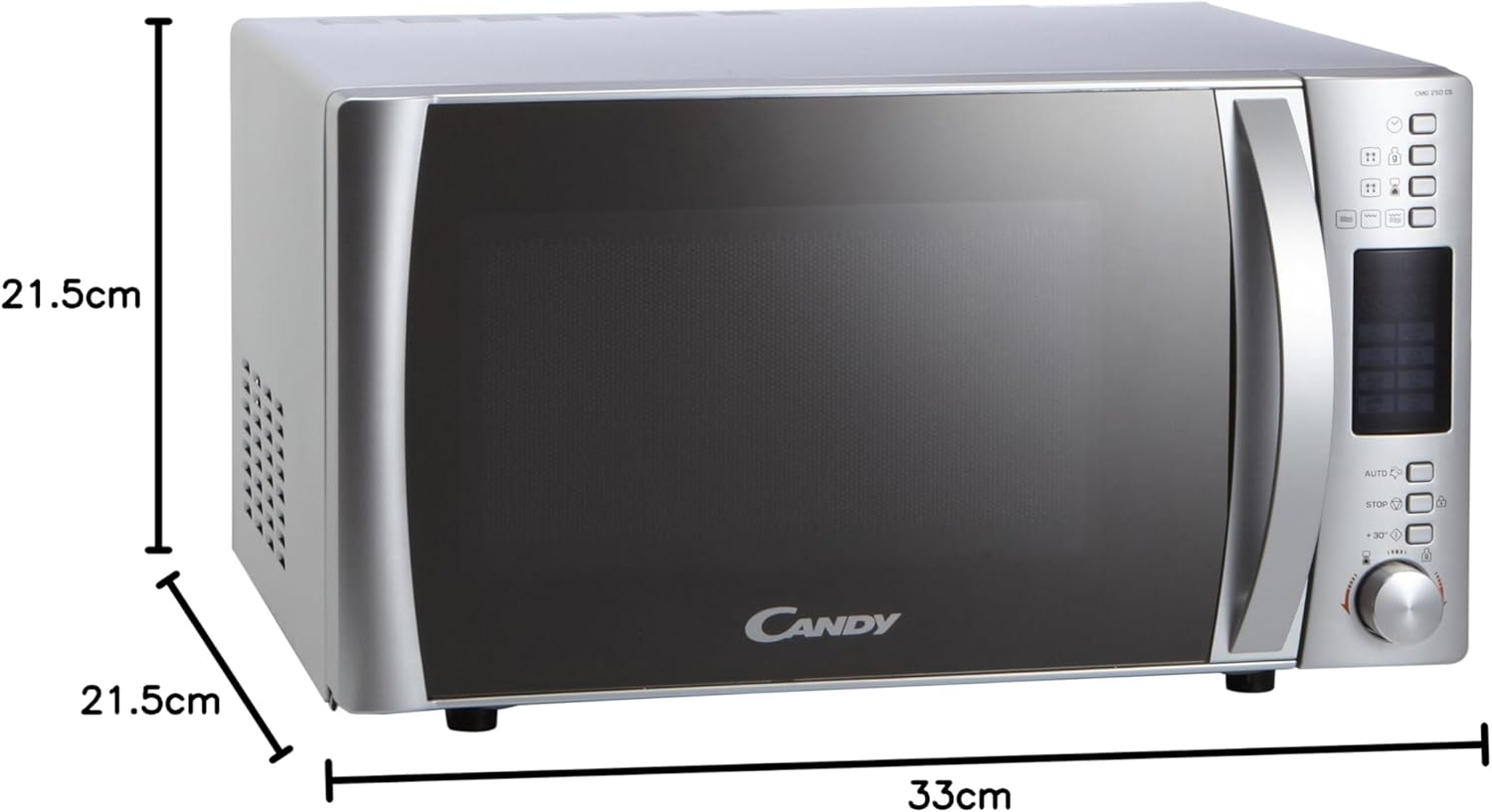 Diagram showing the dimensions of the Candy CMG 25 DCS Microwave