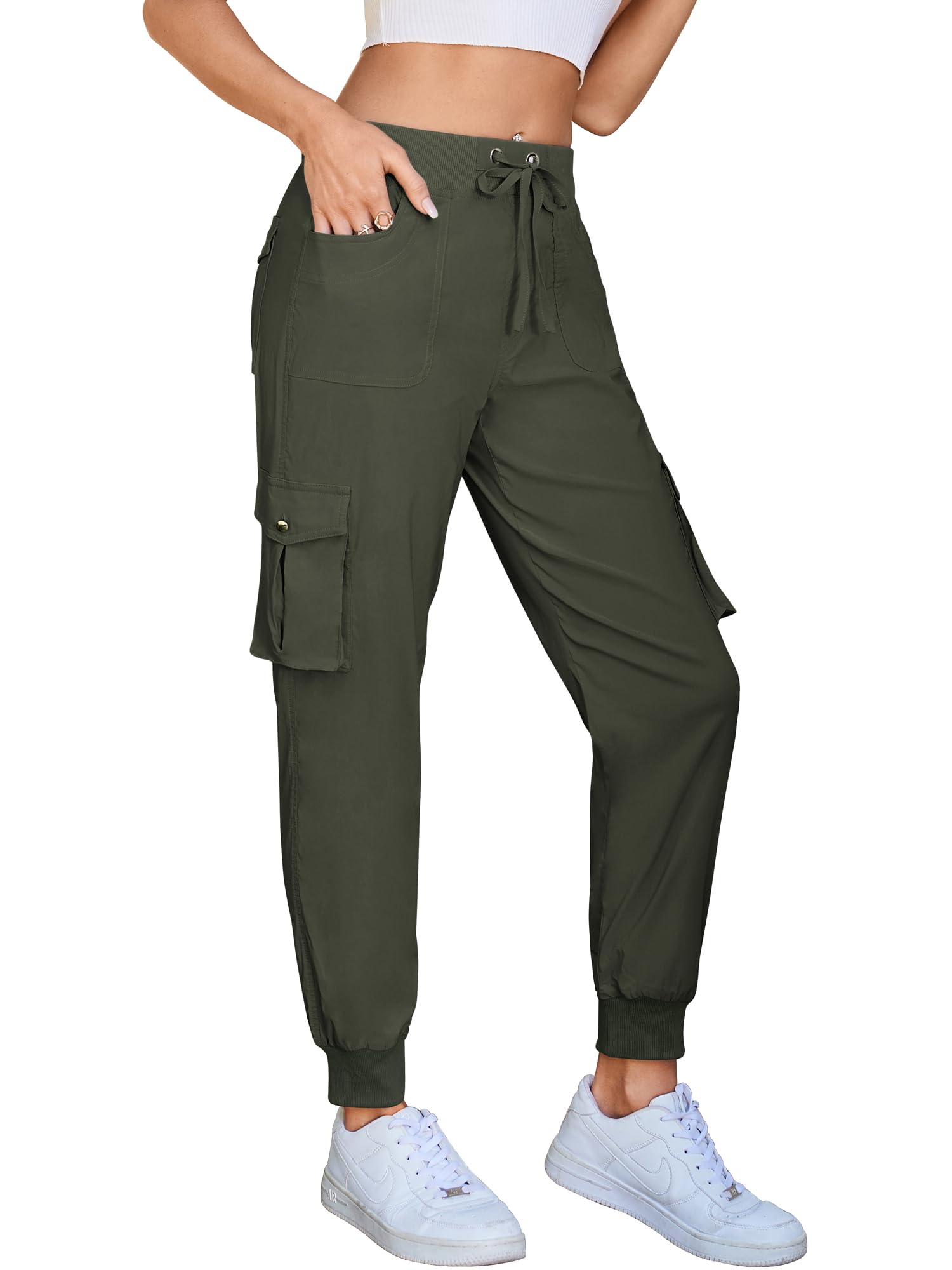 Hormtaer Women's Cargo Joggers Walking Trousers Lightweight Quick Dry Hiking Multi Pants Casual Outdoor Travel Gym Athletic Workout (B Army Green, M)