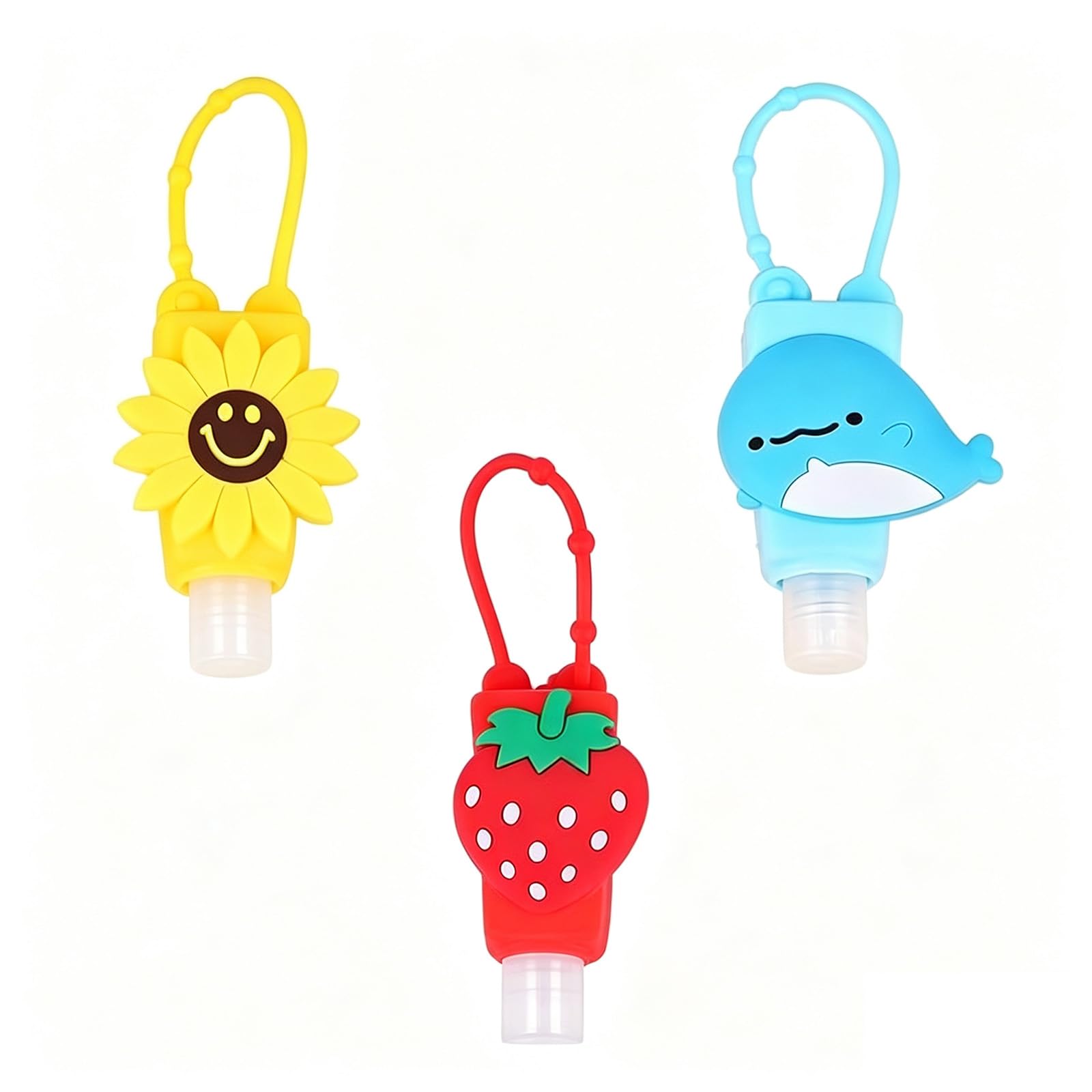 3-Pack Sanitizer Holder for Bags, Travel Size Empty Squeeze Bottles with Keychain, Cute Silicone Dispensing Bottle for Kids, Portable Containers for Car and School (Strawberry, Whale, Sunflower）-image-25