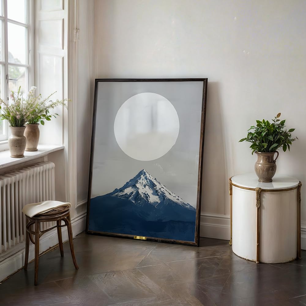 Telinchi Wall Art Painting – Minimal Moon over Blue Mountain | Modern Landscape Artwork for Living Room, Bedroom & Office | Framed, Ready to Hang-image-1