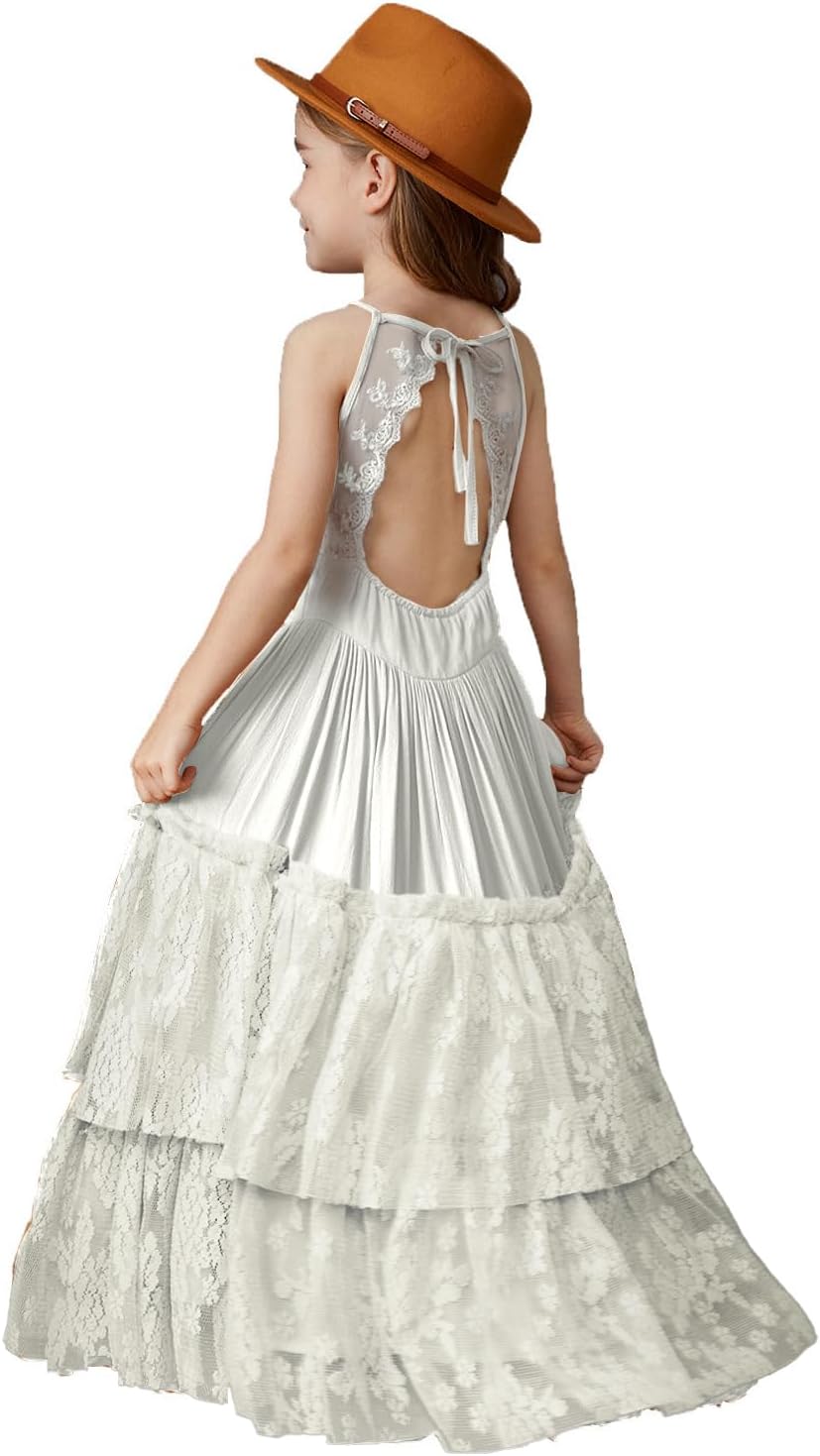 BIBIHOU Girls Kids Lace Back Full-Length Backless Tulle Party Holiday Formal Flower Girl Dress
