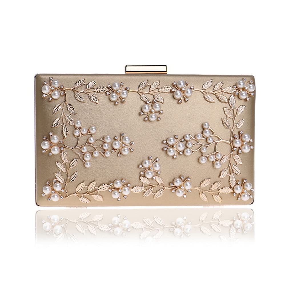 TENDYCOCO Evening Bag Floral Beaded Banquet Clutch Pearl Cocktail Purse for Women (Golden)