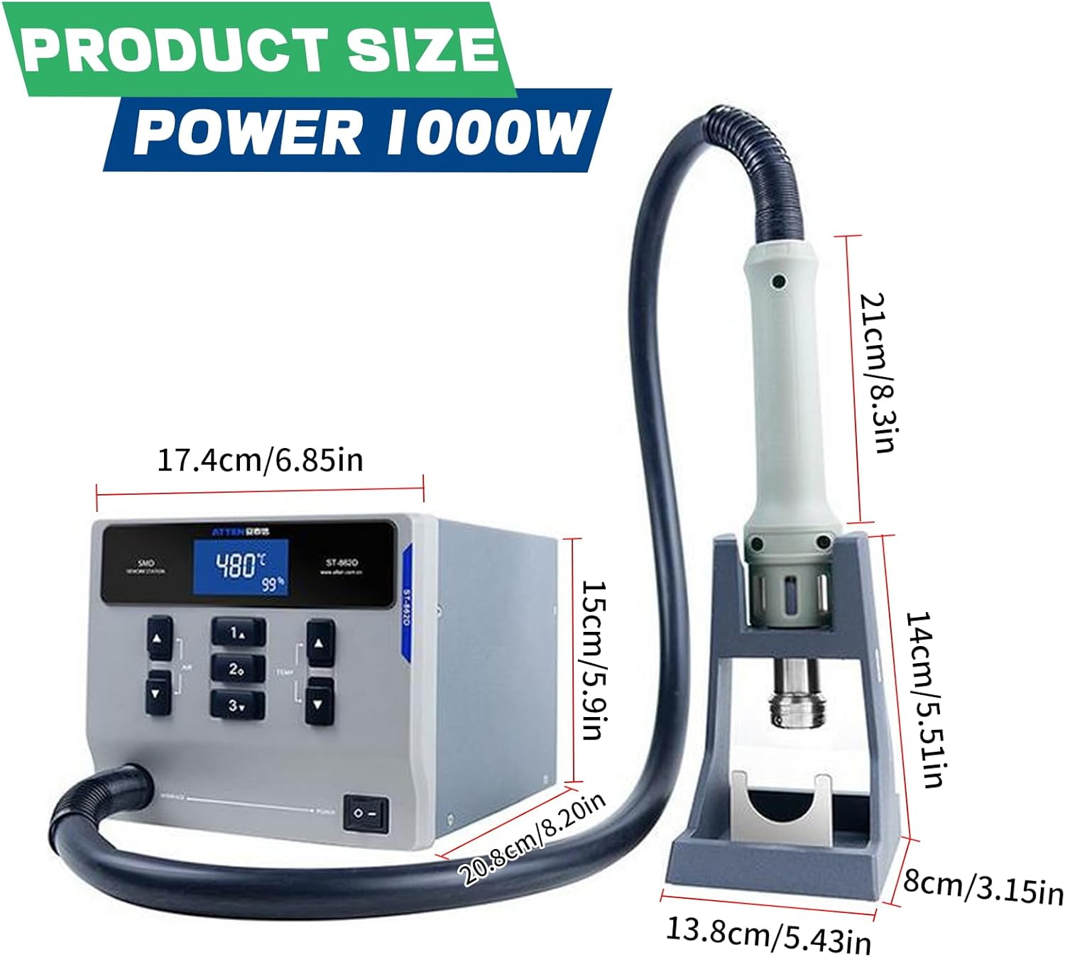 ATTEN ST-862D Hot Air Rework Station, 1000W Hot Air Gun Soldering Station, Intelligent Digital Display Fast Desoldering, BGA Rework Station Automatic Sleep Repair Tool for PCB Chip Soldering(4 Nozzle)