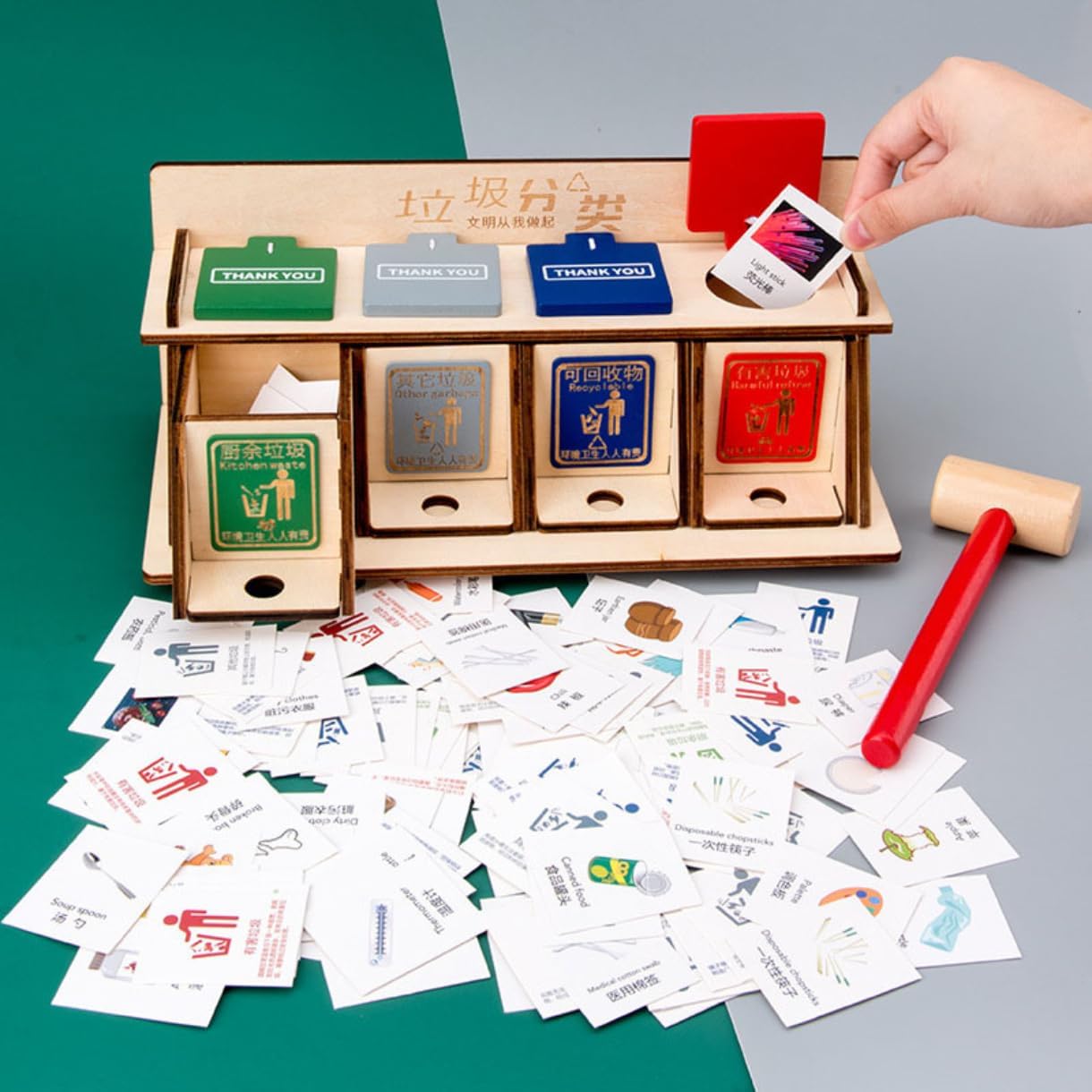 Montessori Garbage Dorting Toys Children Early Education Wooden Puzzle Toys Parent-Child Desktop Interactive Game Garbage Classification Garbage Bin