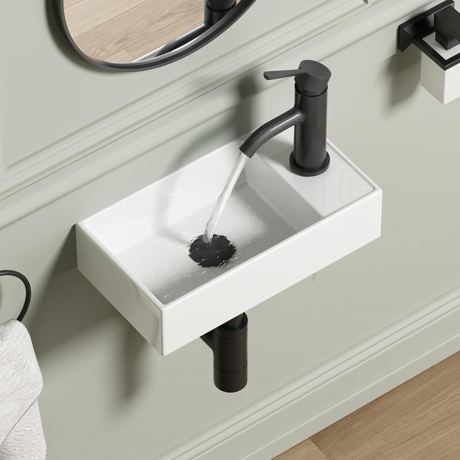 Wall Mount Bathroom Sink, QISHKA 16.1" x 8.5" Modern Ceramic Rectangular Floating Sink, White Rectangle Wall Hung Wash Basin Vessel Sink, Save Space for Bathrooms (Right Hand) White 16.1" x 8.5" x 4"