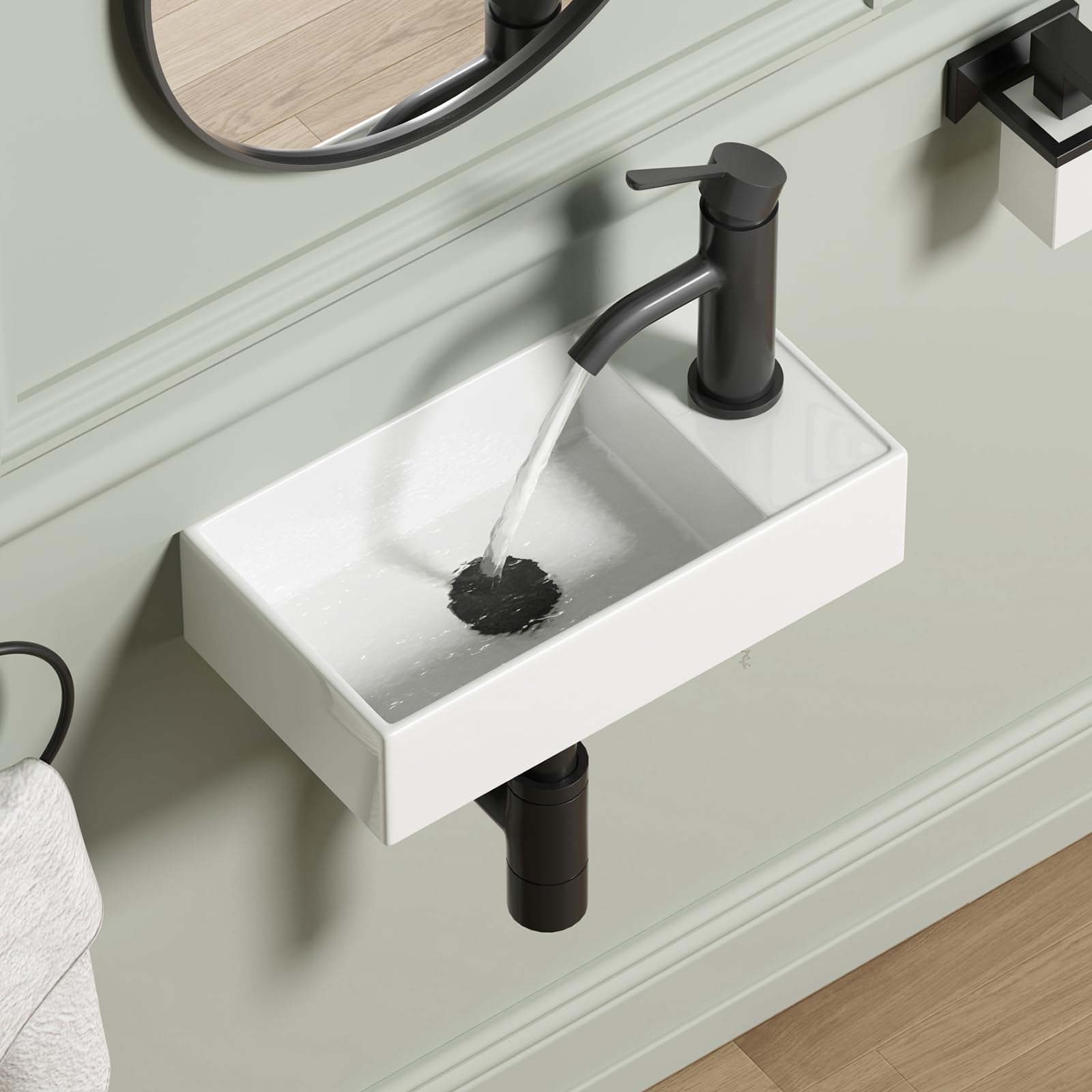 Wall Mount Bathroom Sink, QISHKA 16.1" x 8.5" Modern Ceramic Rectangular Floating Sink, White Rectangle Wall Hung Wash Basin Vessel Sink, Save Space for Bathrooms (Right Hand)