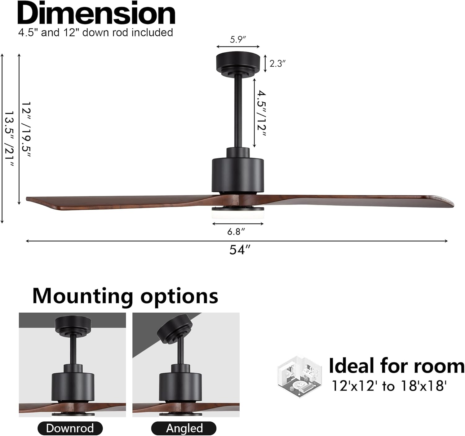 WINGBO 54 Inch DC Ceiling Fan with Lights and Remote Control, 4 Carved Solid Wood Blades, 6-Speed Noiseless Reversible DC Motor, Modern Ceiling Fan in Black Finish with Walnut Blades