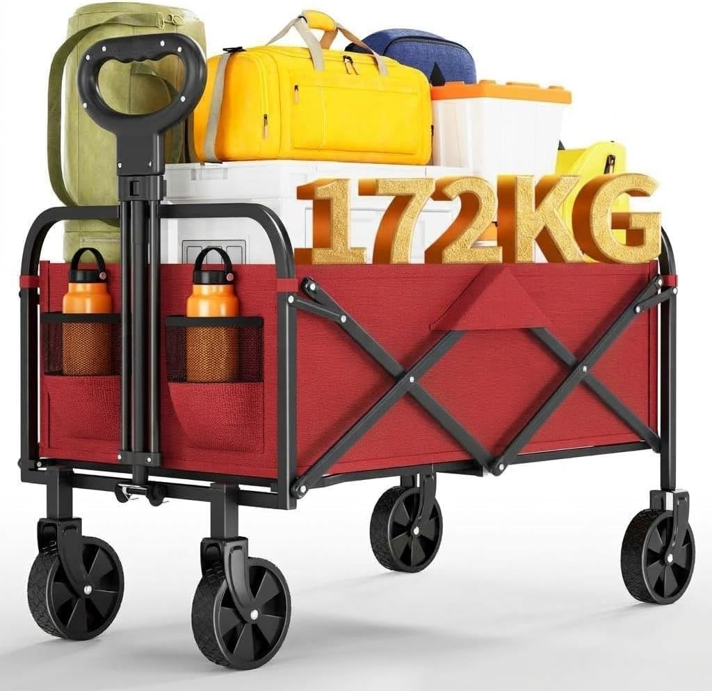Aptliton Red 220L Folding Outdoor Wagon Cart, Heavy Duty Festival Beach Trolley With 172Kg Large Load Capacity, Wheeled Utility Trolley For Camping, Shopping, Beach Trips,