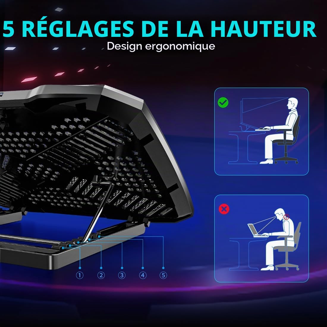 AIMIUZI Support de refroidissement pour ordinateur portable de 12 à 15,6", 5 ventilateurs silencieux, 5 angles réglables (noir)
