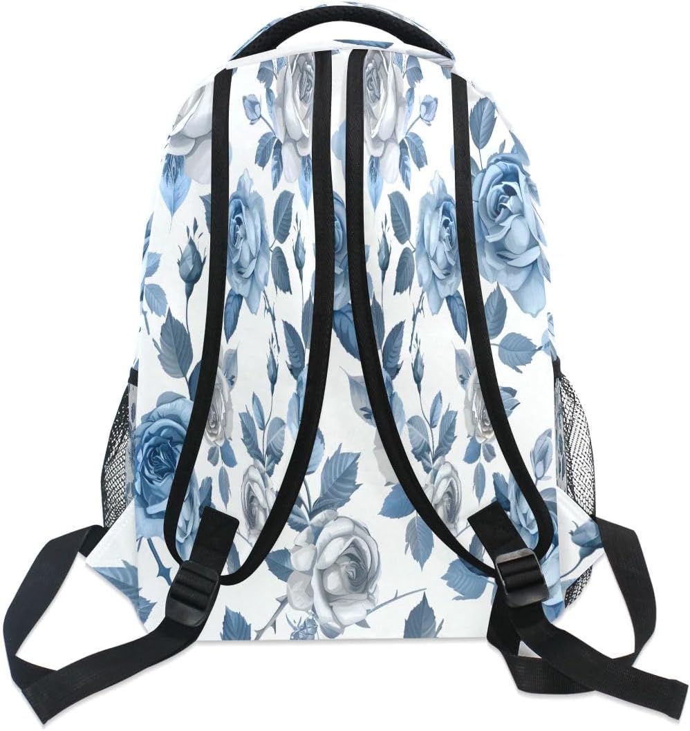 senya Blue White Rose Backpack School Bag Travel Daypack for Boys Girls