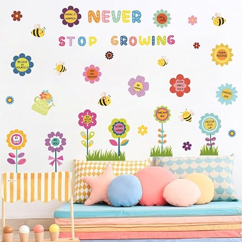 Miniatura 4 de OLMIXA Calcomanías de pared coloridas de flores de jardín de primavera, calcomanías de pared con cita inspiradora, calcomanías de pared de vinilo