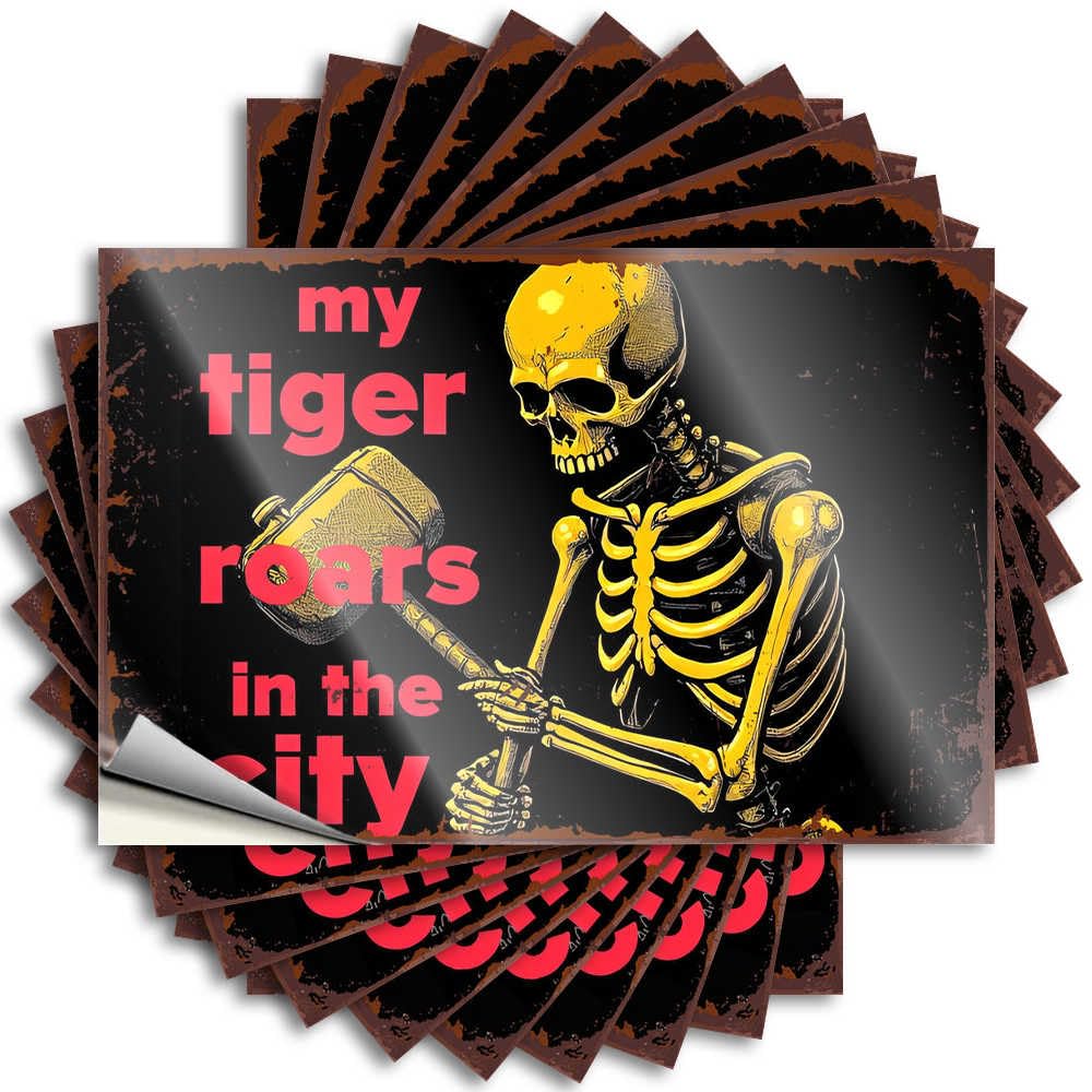 Fall Bumper Stickers | Golden Skeleton Roaring in The City: A Spooky Urban Tale Retro Durable Vinyl Sticker Easy Apply for Antimicrobial(8X12CM)