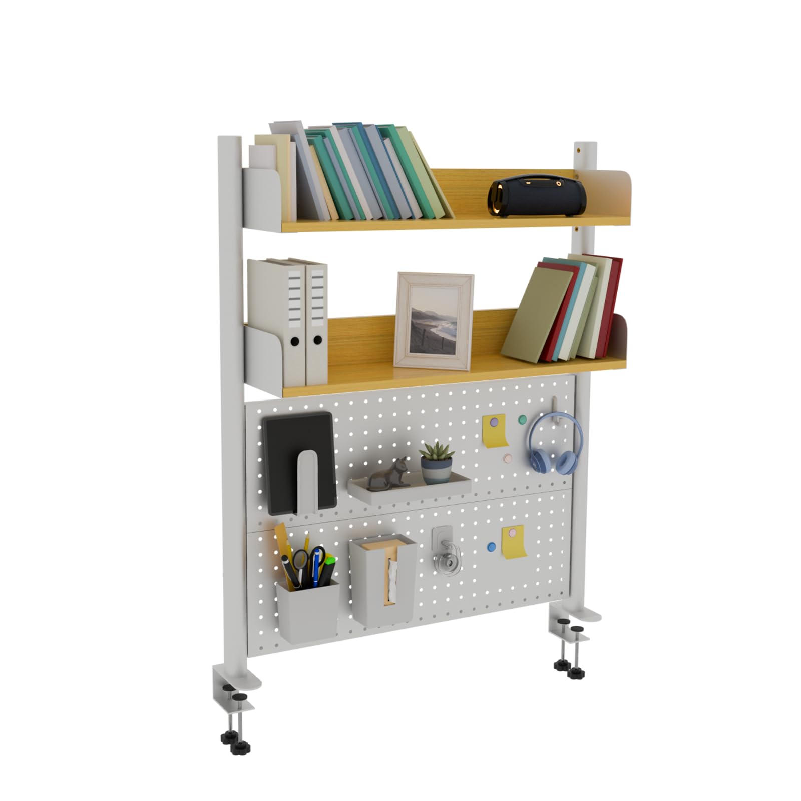 Étagère de bureau à 2 niveaux à pince, Beige 80CM, Organisateur de bureau avec panneau perforé, Étagère de rangement de plan de travail bibliothèque pour maison, bureau ou dortoir