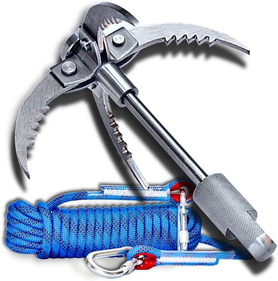 Grappling Hook with Rope 32ft. Set. 4-Claw Folding Durable Stainless Steel Compact Perfect for Outdoor Survival, Retrieval, Camping, Hiking, Tree Mountain, and Climbing