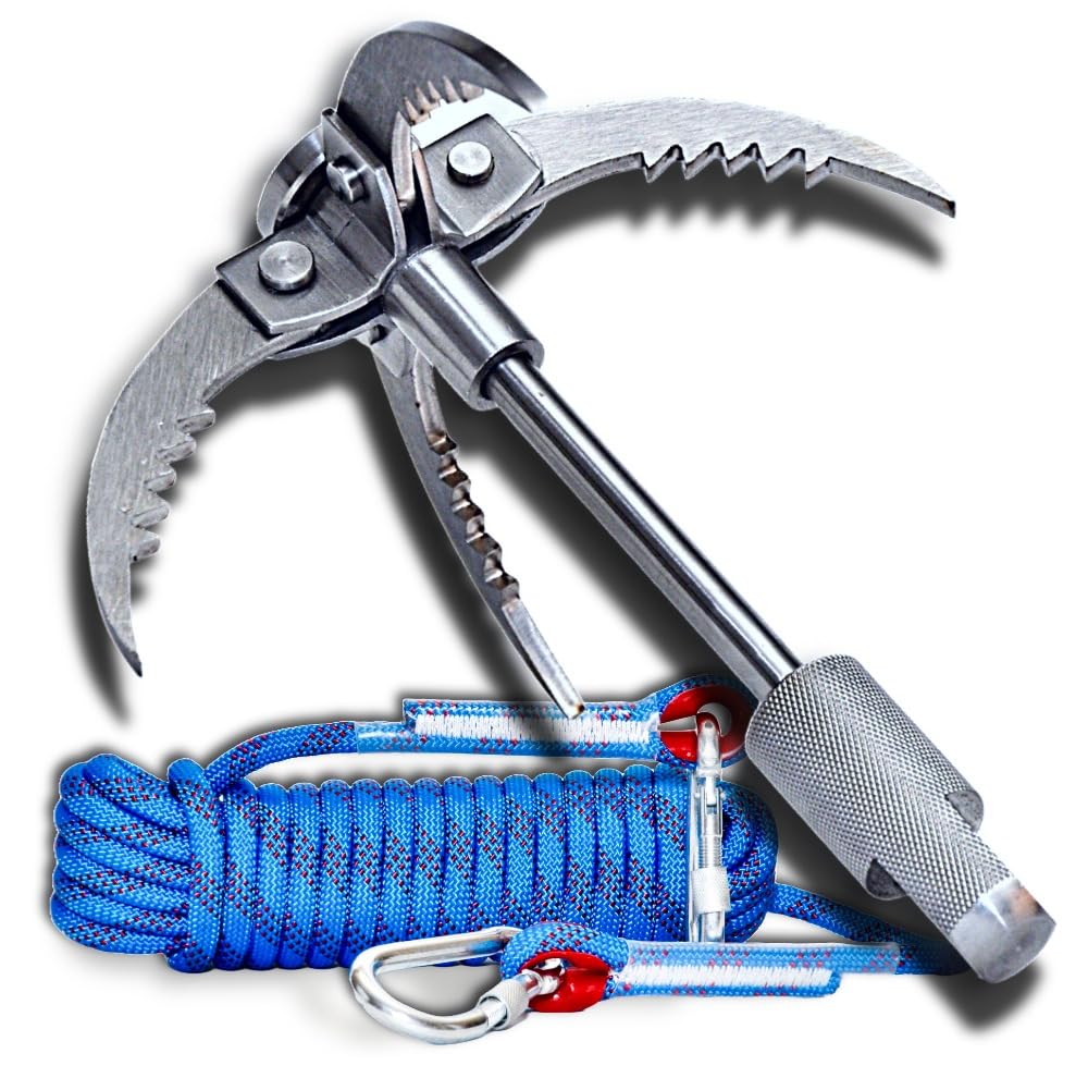Grappling Hook with Rope 32ft. Set. 4-Claw Folding Durable Stainless Steel Compact Perfect for Outdoor Survival, Retrieval, Camping, Hiking, Tree