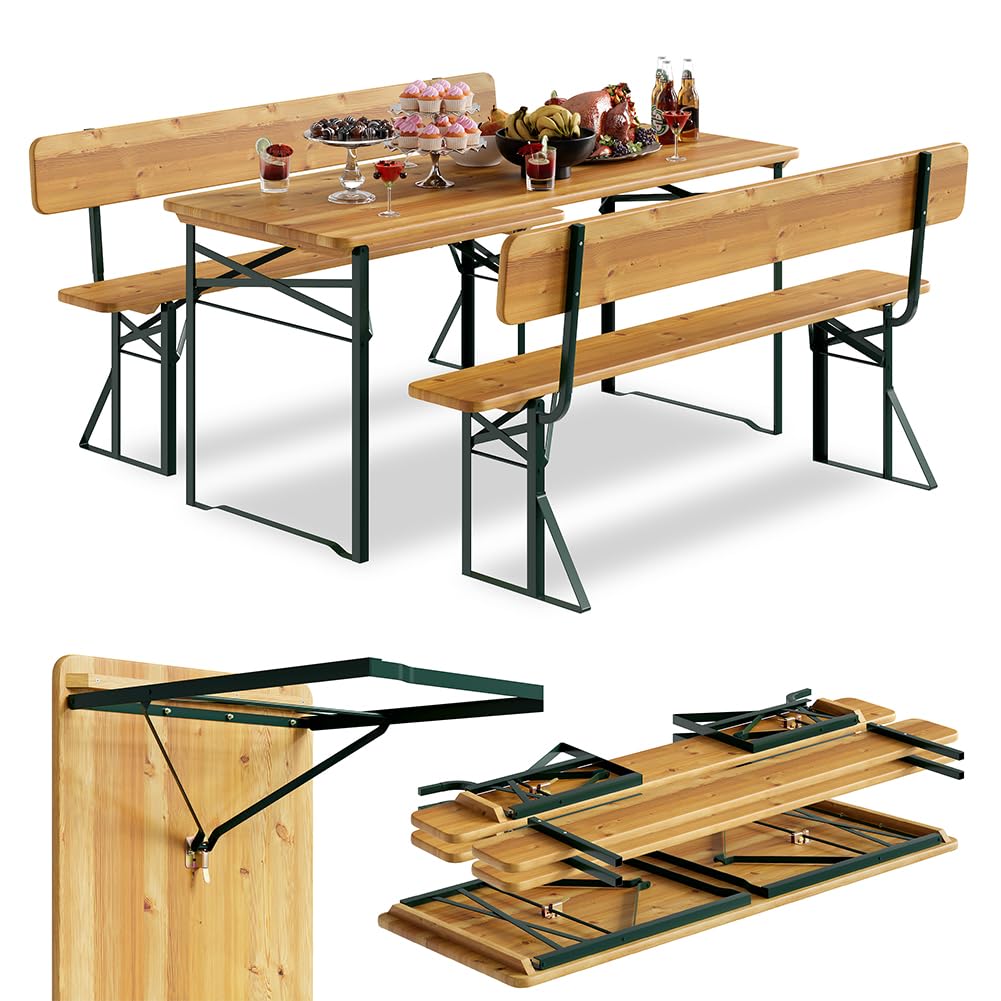 BAKAJI Set 3 Pezzi Birreria con Tavolo Pieghevole e Panche da Esterno, Struttura in Acciaio Comoda, Seduta Ergonomica e Resistente, Ideale per Giardino, Bar, Campeggio, Sagra (170 cm con Schienale)