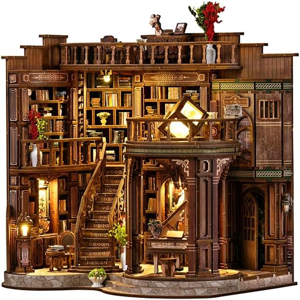 Dreamy Book Hall DIY Book Nook Kit for Adults - Wooden Bookshelf 3D Book Nook Miniature Kit with LED Lights, Puzzle Library Decor for Book Lovers, Dust Proof Display, Tiny Elegant Bookshelf