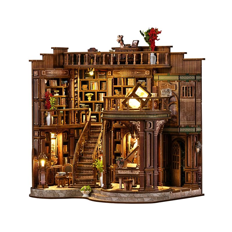 Lyrrez Dreamy Book Hall DIY Book Nook Kit for Adults - Wooden Bookshelf 3D Book Nook Miniature Kit with LED Lights Puzzle Library Decor for Book Lovers Dust Proof Display Tiny Elegant Bookshelf