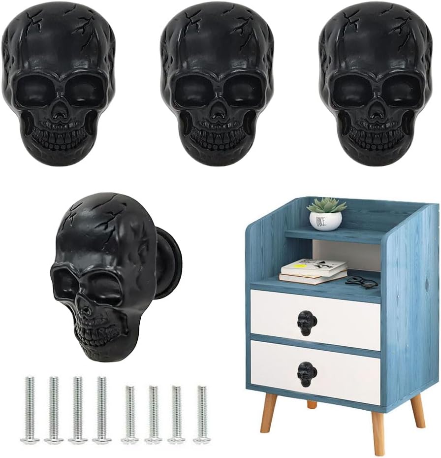Black Metal Skull Drawer Knobs Pulls, Unique Skull Cabinets Knob Covers Decorative,Single Hole Handle for Dresser Closets Hardware Furniture Halloween Skull Kitchen Accessories 4Pcs (Black)