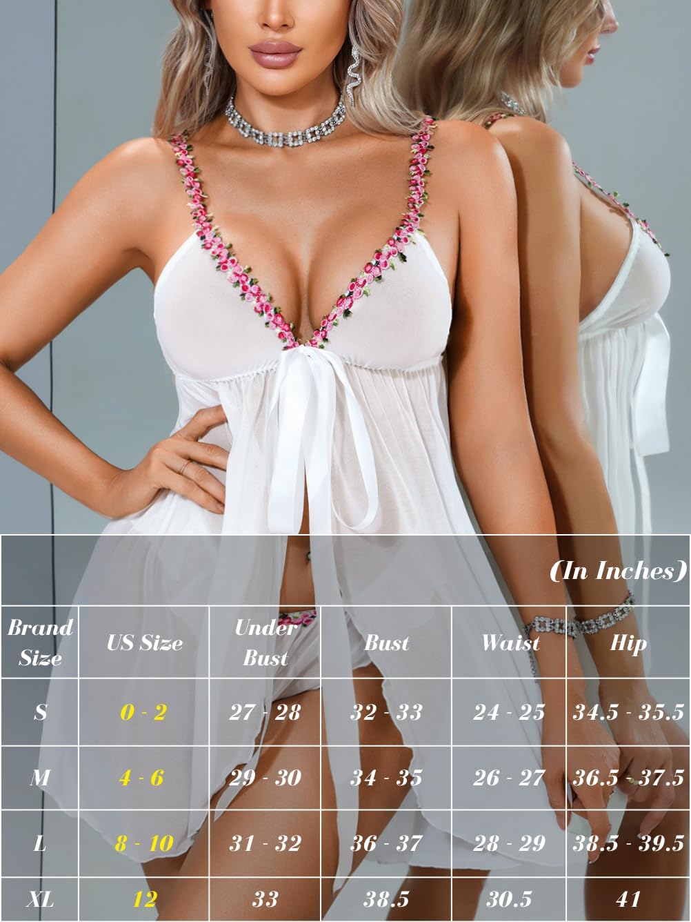 Kaei&Shi Sheer Babydoll Nighties,Front-Closure Floral Lingerie Dress,Sexy Nightgown For Women Bridal Wedding Honeymoon