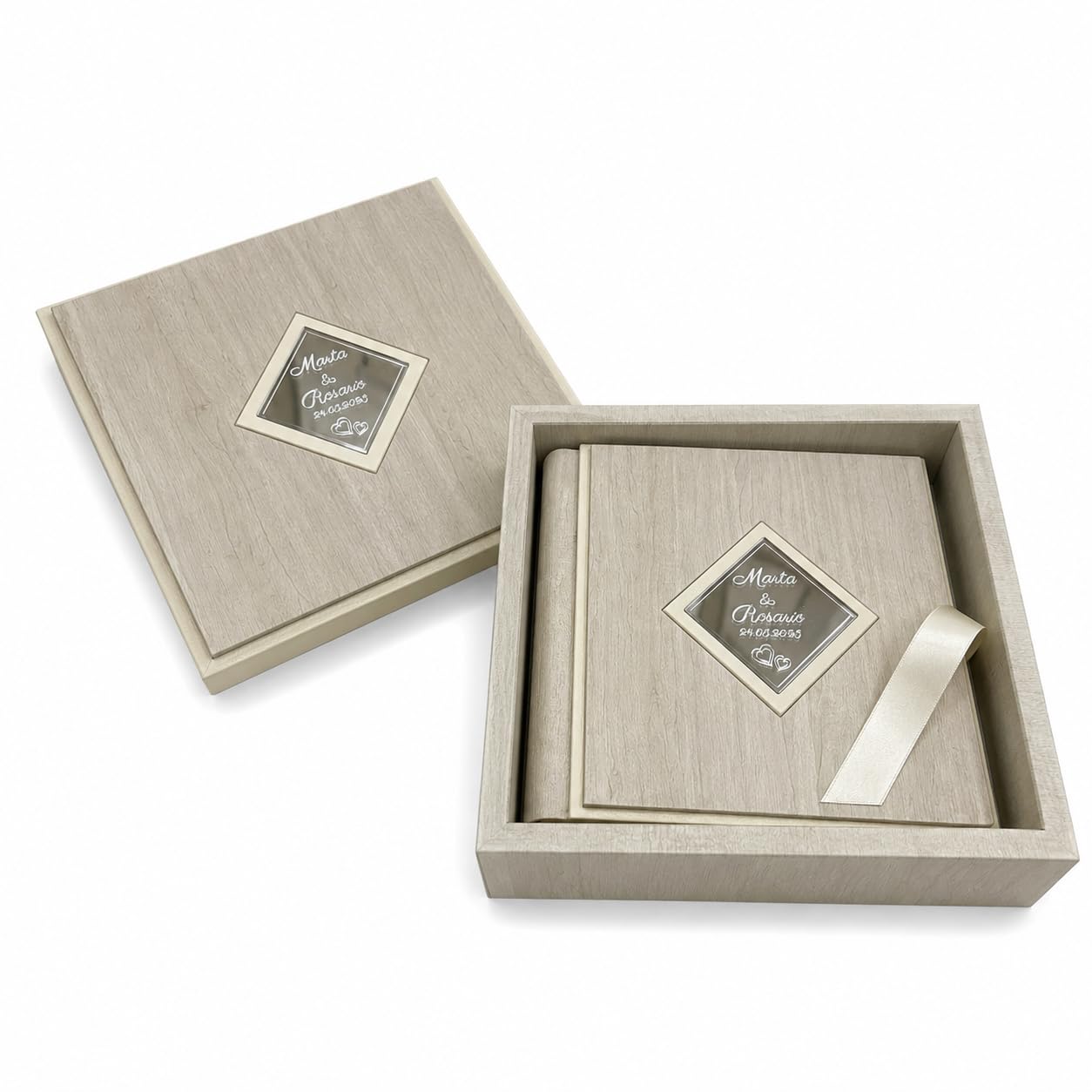 Album Fotografico Artigianale -Zenith Onda- in ecopelle effetto legno con profili a contrasto, Rombo centrale a specchio Personalizzabile, Matrimonio,Anniversario,Comunione,Eventi (Ghiaccio)